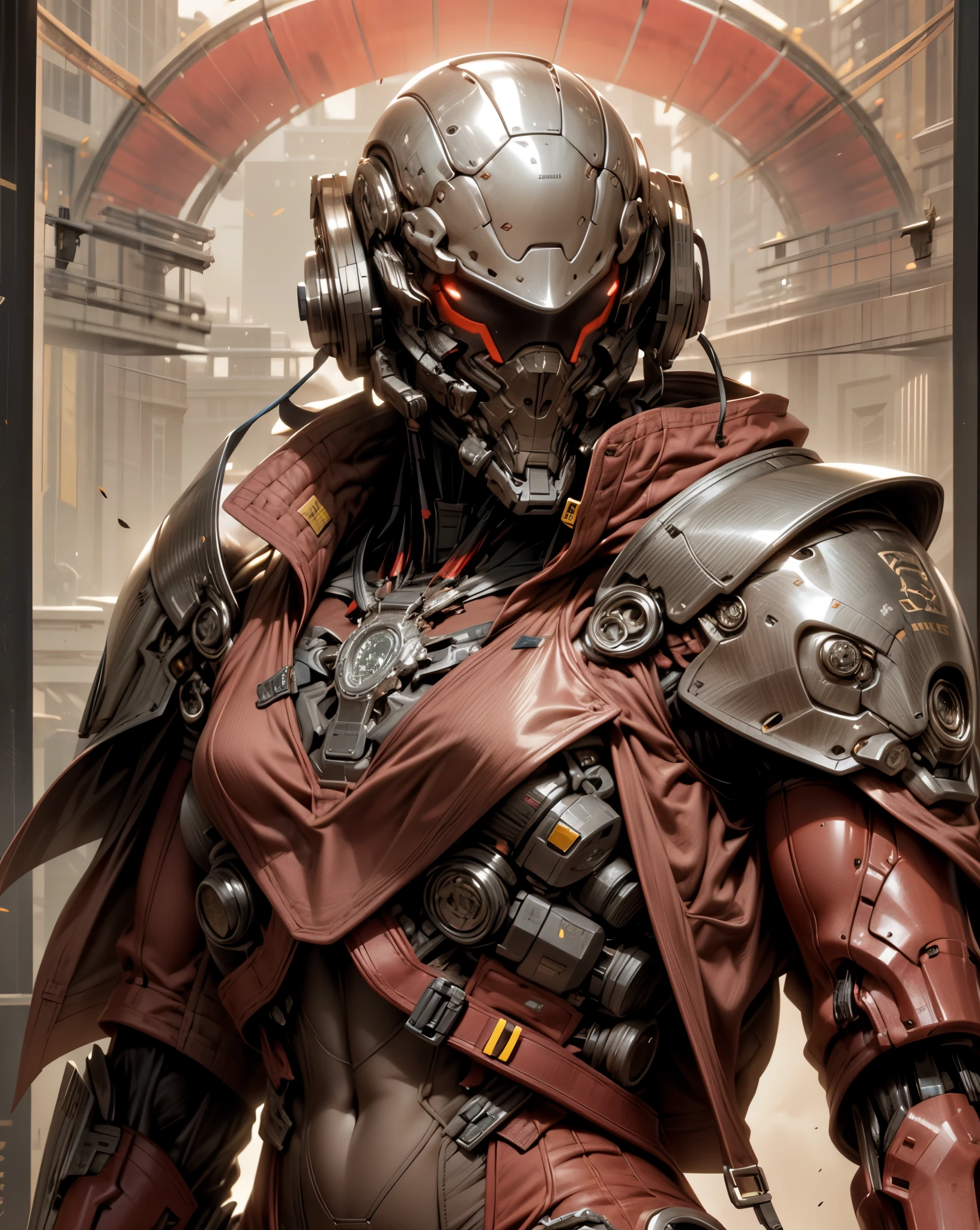 (((An epic and visually stunning digital anime masterpiece:1.5, art piece featuring a ((mid 30’s feminine male:1.5)) elegant military mechanical soldier clad in a sleek yet tactical decorated military trench coat:1.5))), (((flat masculine male chest, beautifully elegant military mechanical mecha head with elegant mecha face:1.6, with an angular masculine male facial structure:1.4))), (((the character is clothed in a scifi tactical double breasted trench coat with a built in exoskeleton:1.6))), (((over a form fitted armor plated yet super sleek and sensually revealing under suit, waist and thighs exposed:1.6))), ((The image showcases the intricacies of the character’s armor and clothing:1.4)), ((capturing their flamboyant feminine essence and heavy mechanical art deco aesthetic:1.5)), ((The character also possesses a more masculine androgynous charm:1.4)), (((with a toned yet heavily muscled gorgeous feminine physique:1.4, a sleek waist:1.4, mesomorphic mechanical muscular torso, toned yet beautifully sleek mechanical arms and legs with thick thighs:1.6, mechanical muscles))), ((looking at viewer)), (((brass metal armor and brown leather))), ((((depth of field, cinematic lighting, chromatic aberration, ray tracing, UHD, masterpiece, top of head covered, super detail, high details, high quality, award winning, 8k, highres)))), (((dieselpunk:1.4, decopunk:1.4, artificial muscle:1.5)))