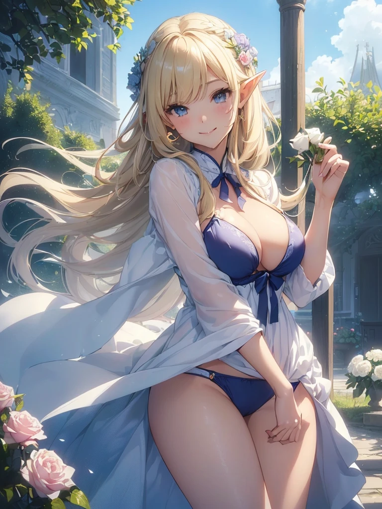 highest quality、Highest image quality、masterpiece、A beautiful elf woman holding a bouquet of white roses((22 years old OL big bust、Bust 98,beautiful long ironed hair、blonde、、nice buddy、slender、Close-up、Esbian、High quality、beautiful art、background blue sky sunny sky、beautiful sea、Mid summer、muste piece、visual art、Depth of bounds written、low angle of morning sky、magic of light、space knight、、A happy smile、gentle light、、Beautiful legs that are gentle on the skin、、、Number of fingers to achieve precise finger movements、ticker beautiful decorative、elegant、mystical　rosa、　 beautiful dressy、、Raphael&#39;s paintings、renaissance art、friendly smile、美しいプリズム青水着ビキニ👙
セパレート、Bikini Gravure