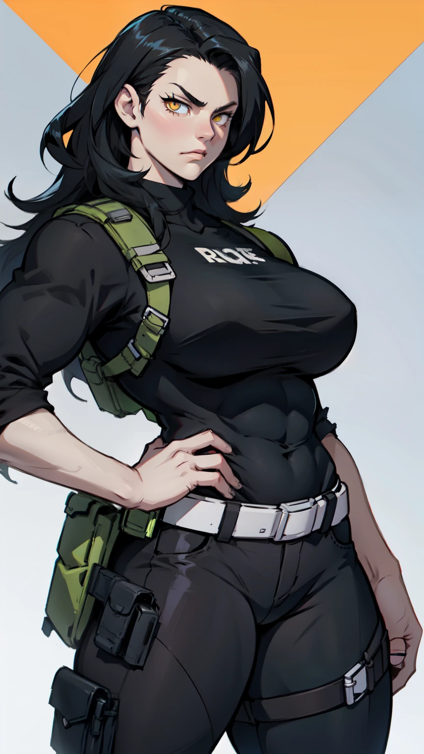 muscular girl thick black hair yellow eyes pale sad holster thick holding a pistol