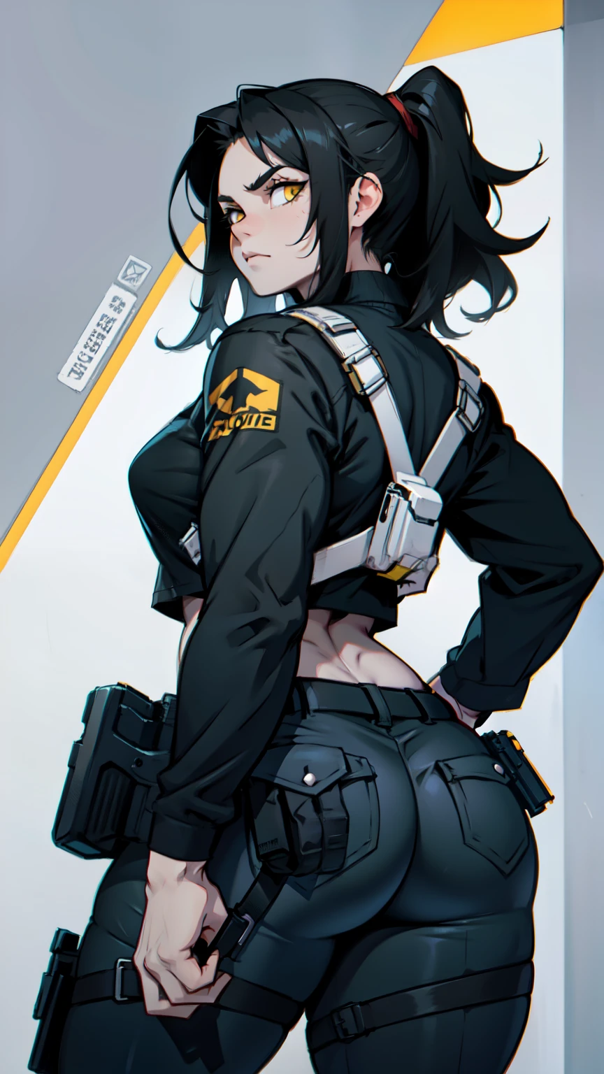 muscular girl thick black hair yellow eyes pale sad holster thick holding a pistol