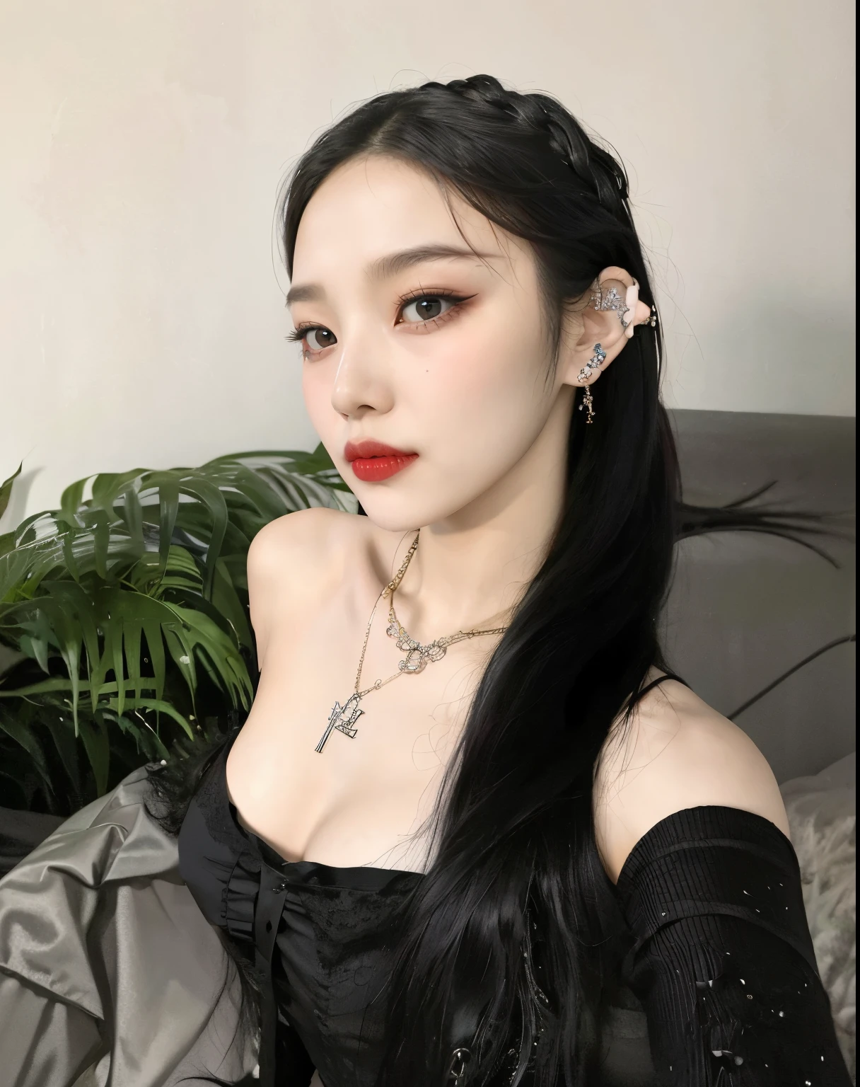 there is a woman with long black hair and a necklace on, cruel korean goth girl, pale goth beauty, 1 7 -  - young goth girl, goth girl aesthetic, belle delphine, she looks like a mix of grimes, 19-year-old girl, 18 years old, with long hair and piercing eyes, dilraba dilmurat, joy red velvet