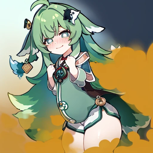 Highest image quality、(master piece:1.2)、detailed、Huo Huo、1 girl、solo、green hair、fart、Are standing、green eyes、brown shorts、Shy personality、scared、pale tail、Gas comes out of the butt、lots of gas、blush、shyness、swollen belly、Satisfied smile、put pressure on your face