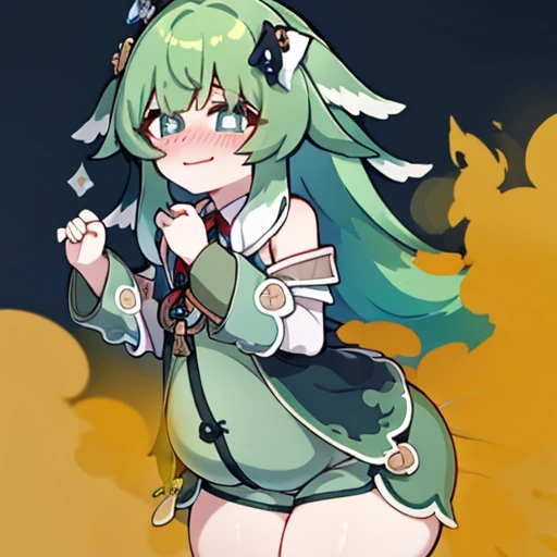 Highest image quality、(master piece:1.2)、detailed、Huo Huo、1 girl、solo、green hair、fart、Are standing、green eyes、brown shorts、Shy personality、scared、pale tail、Gas comes out of the butt、lots of gas、blush、shyness、swollen belly、Satisfied smile、put pressure on your face