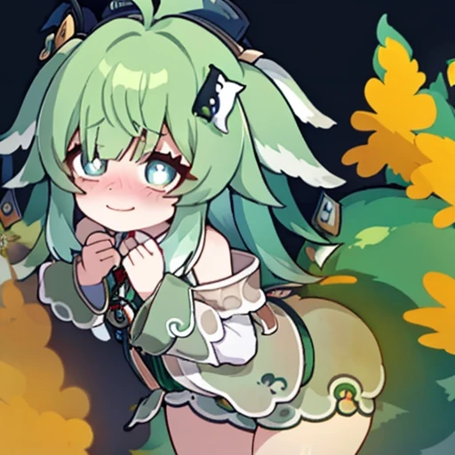 Highest image quality、(master piece:1.2)、detailed、Huo Huo、1 girl、solo、green hair、fart、Are standing、green eyes、brown shorts、Shy personality、scared、pale tail、Gas comes out of the butt、lots of gas、blush、shyness、swollen belly、Satisfied smile、put pressure on your face