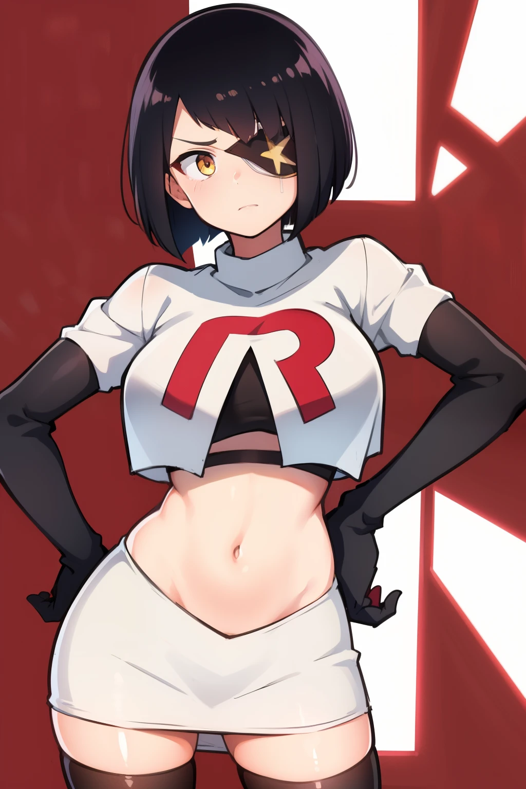 one girl, anime style, black hair, short hair, white eye patch, eye patch, medical eye patch, golden eye colour, shy, high detail, sharp image, face, team rocket,team rocket uniform,white skirt,crop top,black thigh-highs,black elbow gloves