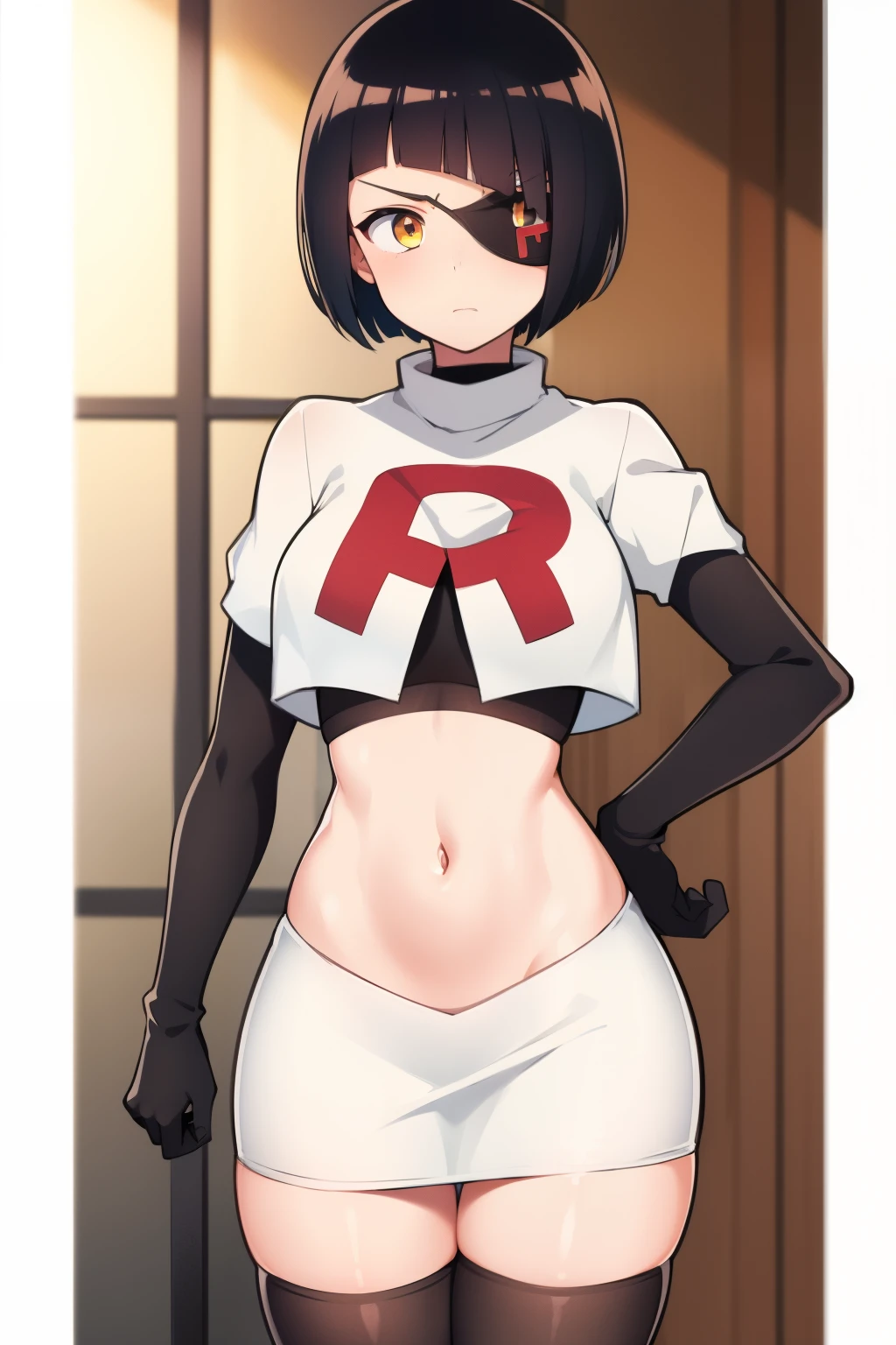one girl, anime style, black hair, short hair, white eye patch, eye patch, medical eye patch, golden eye colour, shy, high detail, sharp image, face, team rocket,team rocket uniform,white skirt,crop top,black thigh-highs,black elbow gloves