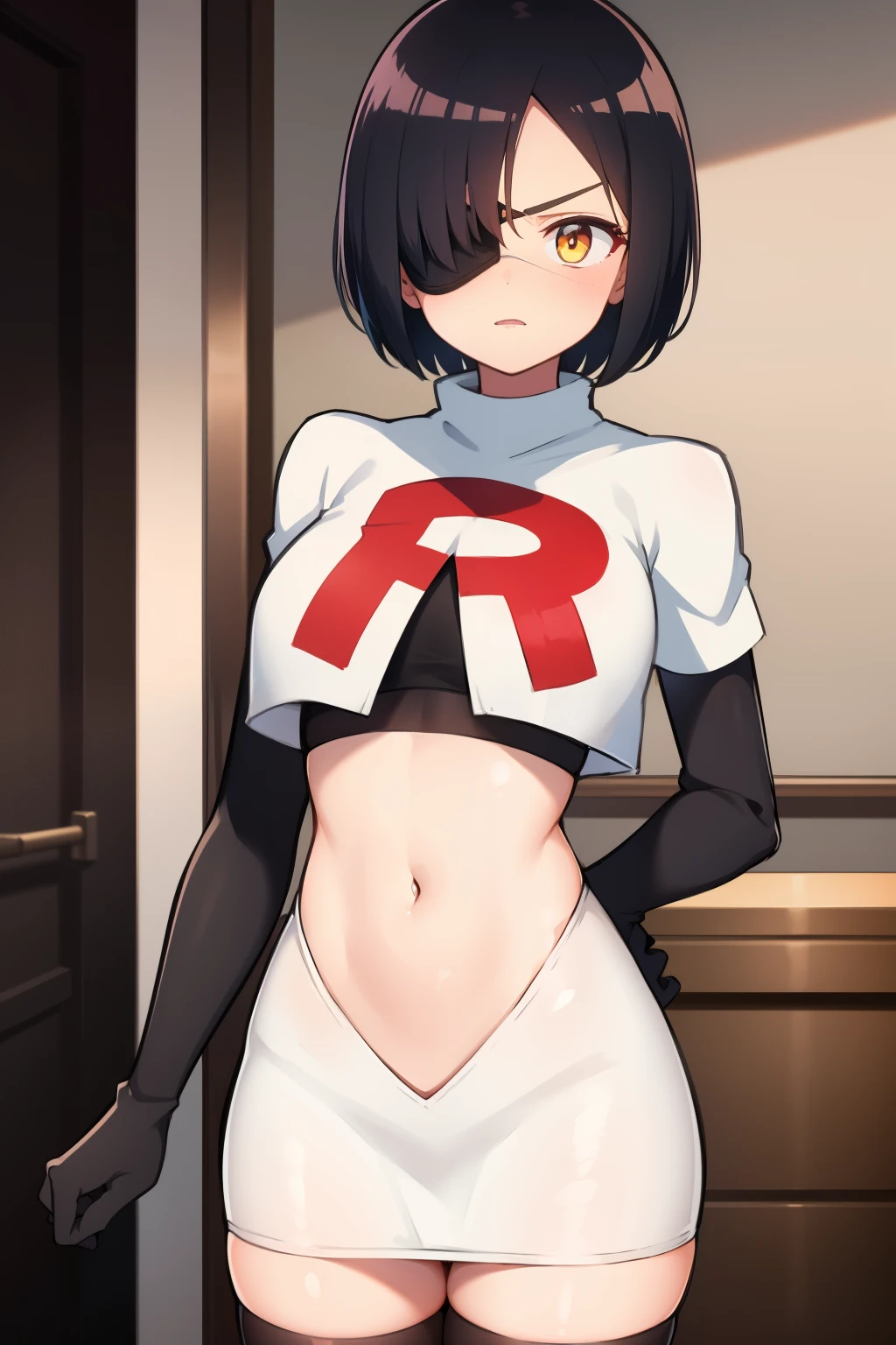 one girl, anime style, black hair, short hair, white eye patch, eye patch, medical eye patch, golden eye colour, shy, high detail, sharp image, face, team rocket,team rocket uniform,white skirt,crop top,black thigh-highs,black elbow gloves