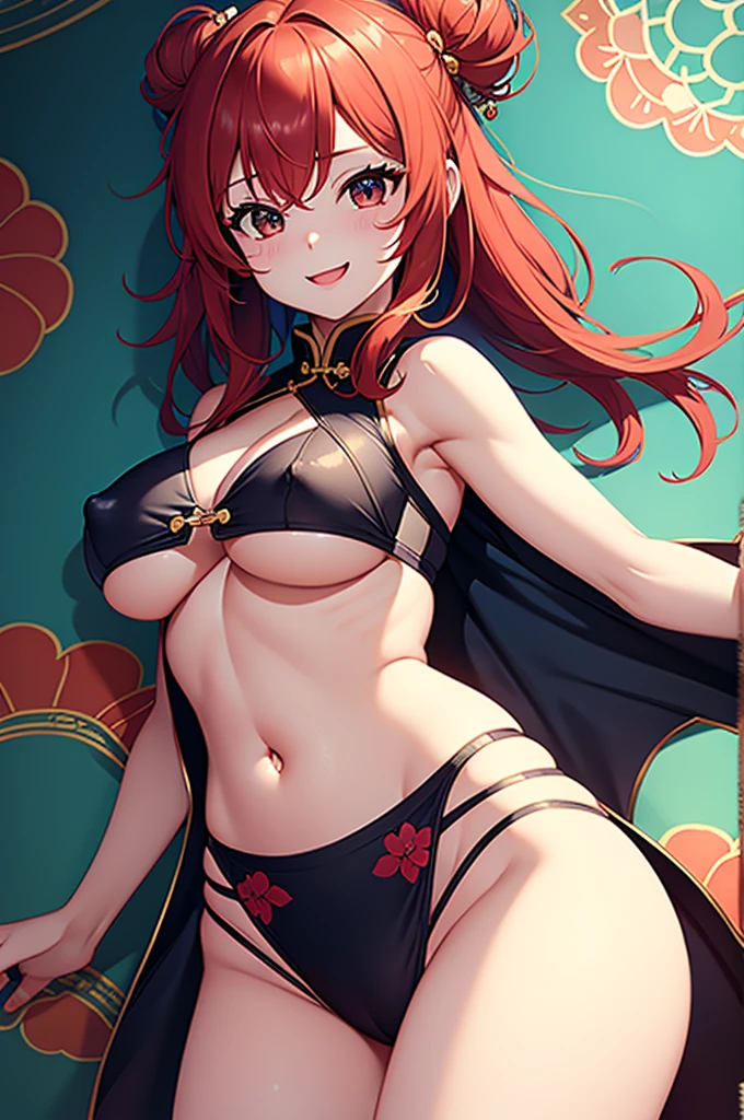 one woman,Detailed contours,Super best image quality,China dress,underboob,From the side down,Beautiful big,Nipples are sagging,Belly exposure,exposing chest,from the side of your feet,Red hair,standing position,Clothes that just rest on your chest,Low - Angle,anime characters,Breasts fully visible,cute face,side boob,Breast exposure,Don&#39;t show your nipples,on the bed,open your mouth,smile,Spread your crotch wide,