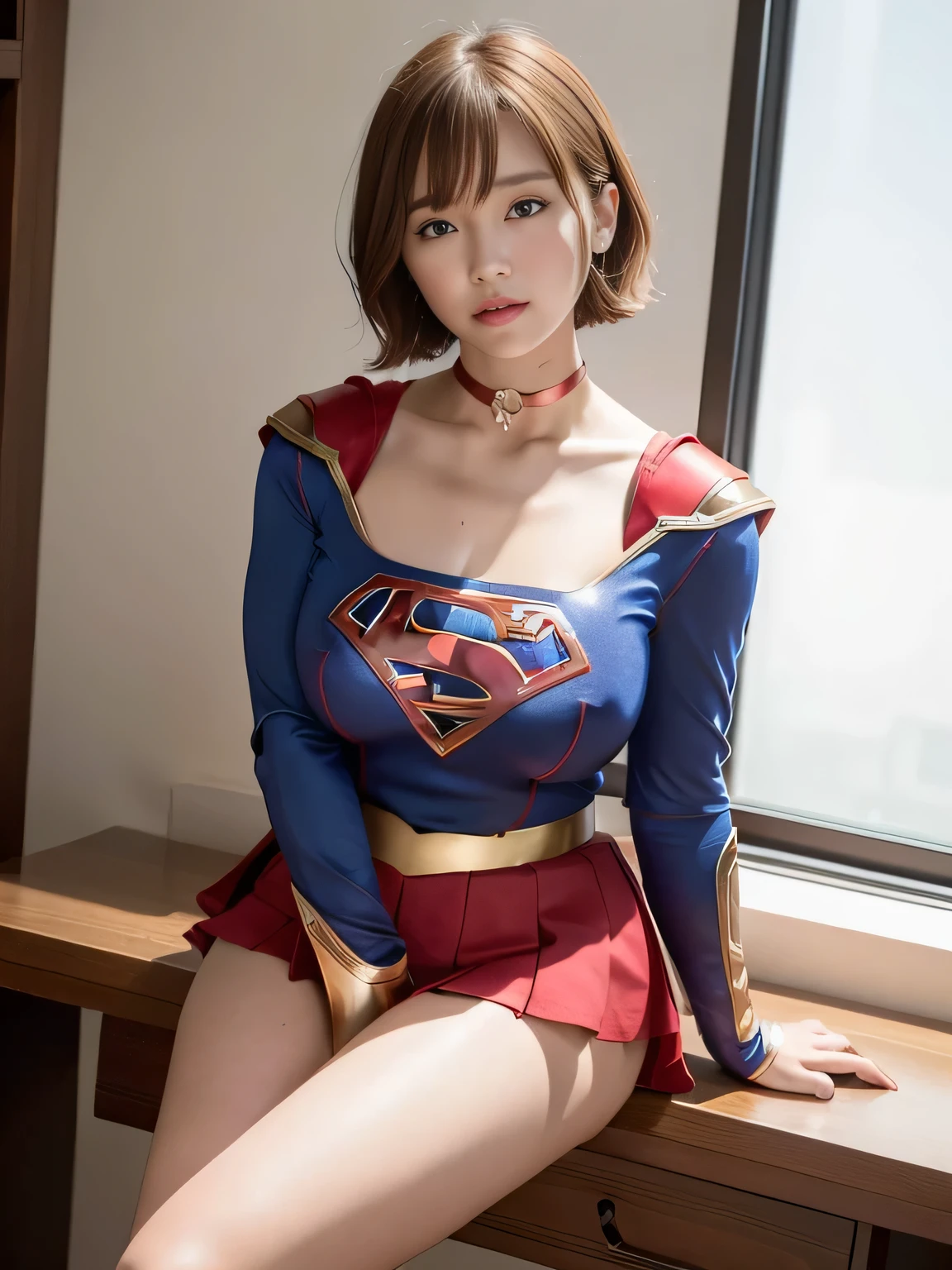 masterpiece、supergirl costume、short hair、barefoot、big and full breasts、Research room、operating table、straddle、Tattered、shiny、look at the camera、Seduce、choker、red mini skirt、long sleeve、Cowgirl、Estrus