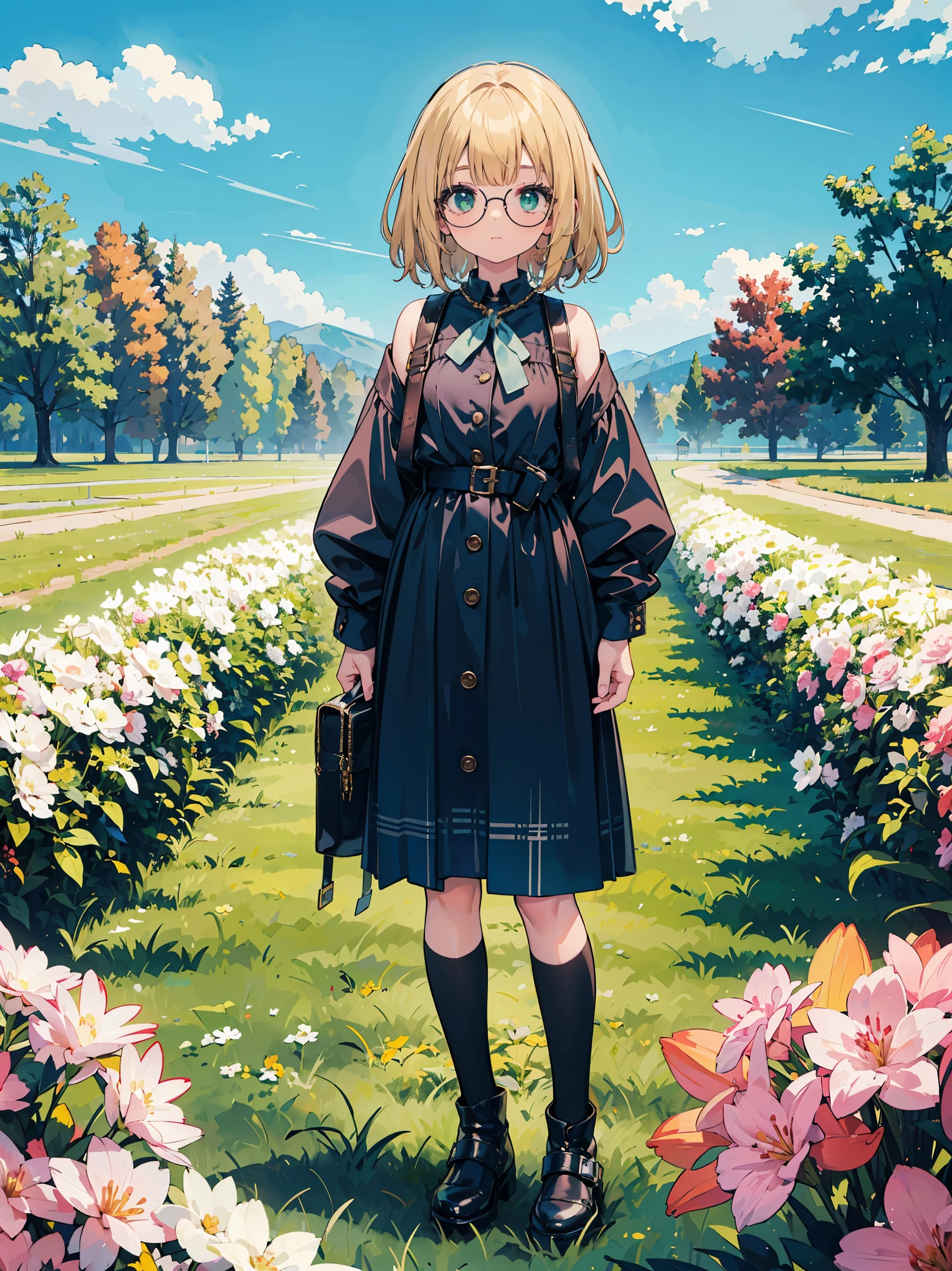 A full-body portrait of a young, cheerful woman with a light complexion. She has shoulder-length, wavy blonde hair and bright green eyes. She's wearing a stylish black blouse with long sleeves, adorned with gold chains and buttons. A plaid skirt in shades of red and black complements her outfit, along with black stockings and brown boots. The woman is standing in a field of large white flowers, under a bright sky filled with white clouds and streaming sunlight. The mood is idyllic and peaceful, capturing a moment of serene happiness.