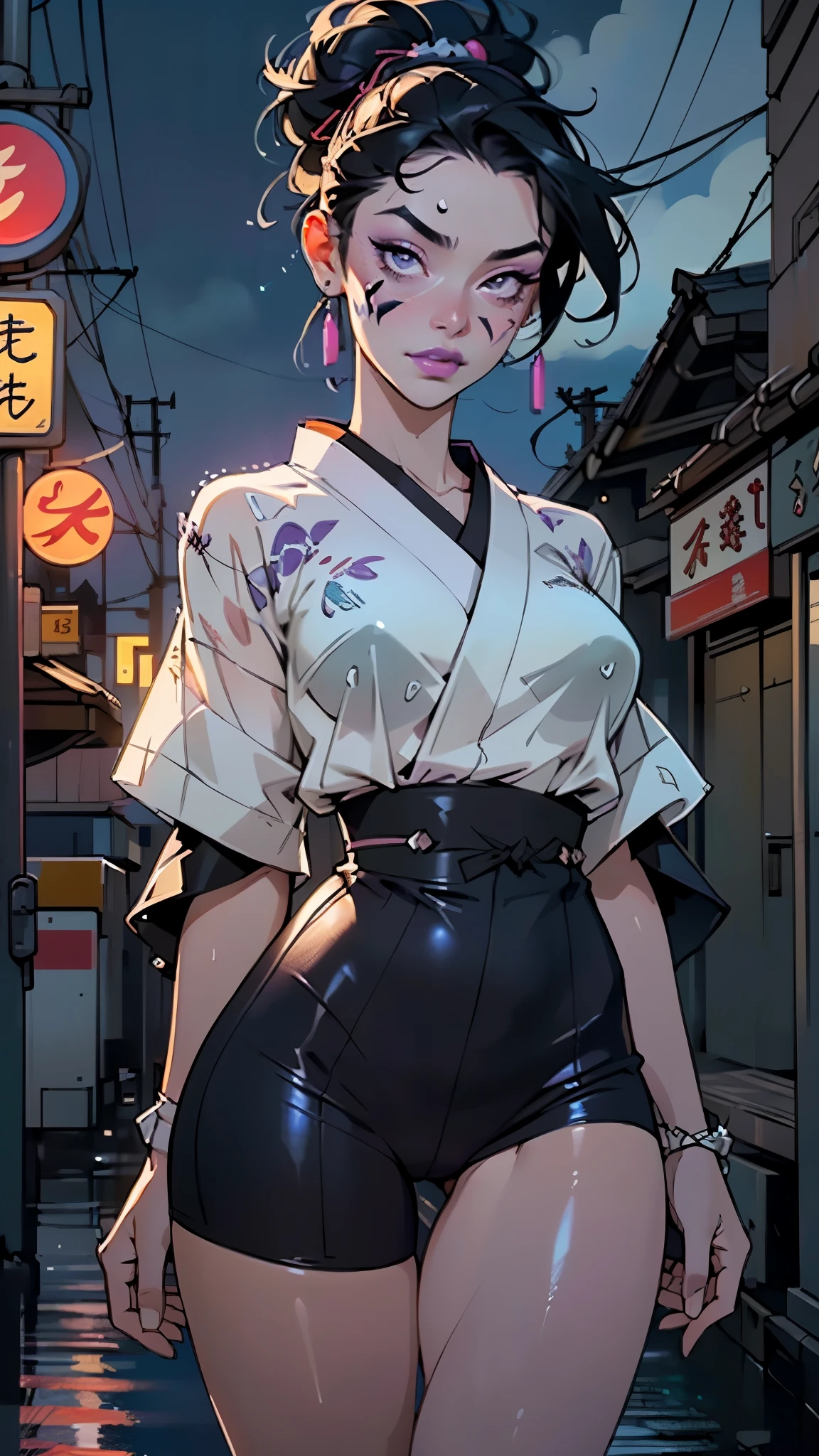 1girl, ((Black hair)), ((Kimono, Geisha)), ((heavy face makeup)), ((hair done up in a Sakkō style)), ((white face paint)), ((heavy makeup, purple eyeliner, purple lips, purple eyeshadow)),large breast:1.4,big booty,(spider lower abdomen,narrow waist,wide hip,athletic body,inflated legs, thick thighs), 

(nsfw),

(((lustrous skin:1.5,bright skin: 1.5,shiny skin,very shiny skin,shiny body,plastic glitter skin,exaggerated shiny skin,illuminated skin,wet legs))),(detailed body,(detailed face)),

cute,slutty,seductive,erotic,

(((wet clothes,intricate outfit,intricate clothes))), ((clothes color palette limited to purple, pink, blue, dark purple)),

(dynamic pose:1.0),solo focus,embarrassed,(centered,scale to fit dimensions,Rule of thirds),

cyberpunk city by the ocean at night, with bright neon signs and dark stormy clouds and puddles, scenery:1.25,nighttime, starry night, cosmos,Very dark night that makes the neon lights stand out, very bright neon lights,

artistic photography,(photography taken by sldr),highres, sharp focus,(ultra detailed, extremely detailed), (photorealistic artwork:1.37),(extremely detailed CG unity 8k wallpaper),((synthwave background theme)),(((vibrant colors))),intricate,(intricate background),(masterpiece),(best quality),perfect rendered face,perfect face details,realistic face,photo realistic,analog style,((intricate detail)),(((realism))),
