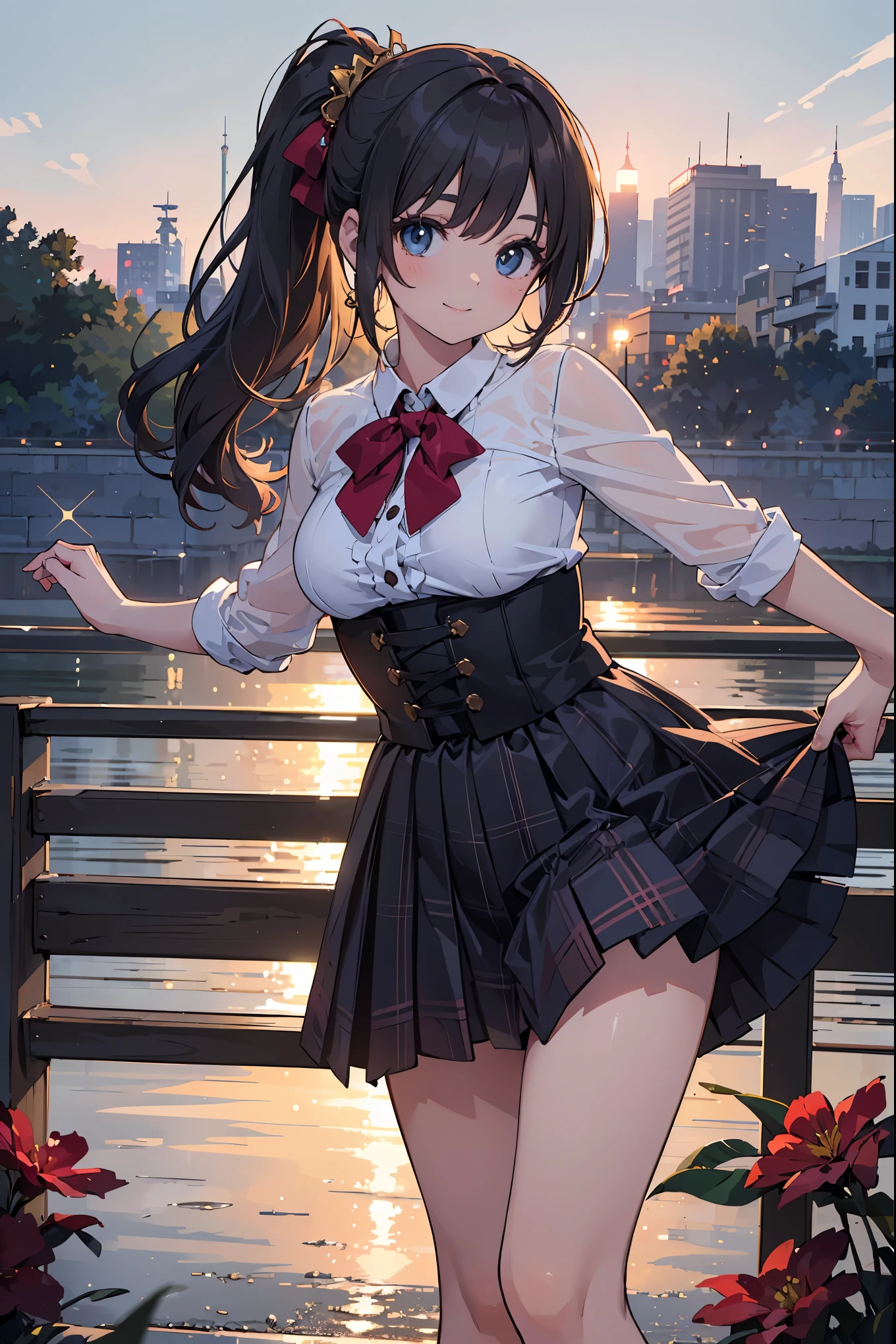 (Superlative work of the creator god: 1.4), (Absolute resolution: 1.4), (God of art's masterpiece: 1.4), Surrealist work, (Complex, detailed and realistic materials, textures, light sources: 1.3), (Perfect Anatomy: 1.2), Create a digital illustration of a character at a poolside during sunset. The character is a young woman with a warm skin tone, featuring long, wavy dark hair with a side ponytail adorned with red flowers. She has large, sparkling eyes, rosy cheeks, and a bright, friendly smile. Her attire includes a translucent, puffy-sleeved blouse, and a burgundy plaid skirt. The blouse has ruffled edges and is worn over a dark red corset that accentuates her figure . She is standing with her arms crossed, giving off a confident yet welcoming vibe. The background is filled with the soft glow of golden hour sunlight reflecting off the water, with blurry lights suggesting a distant cityscape. The atmosphere is lively yet relaxed, capturing the essence of a warm summer evening. The aspect ratio for the image should be portrait., standing with thighs spread out, smile, seductive genius, super detailed skin, (best lighting by famous artist: 1.2), 8K, (Acting instruction on attractive poses by famous masters: 1.4),