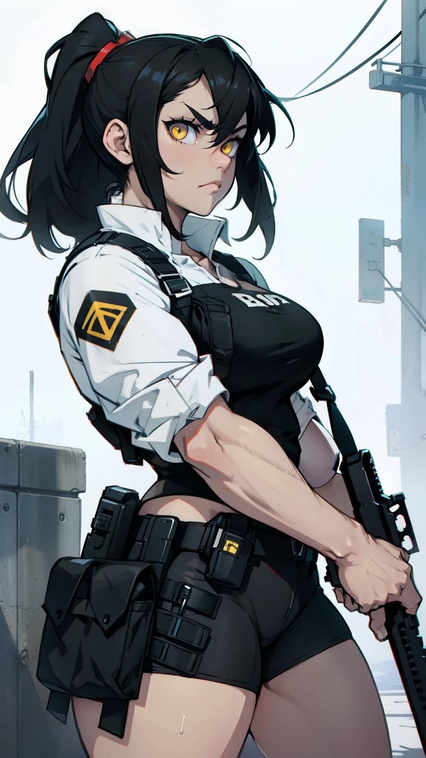 muscular girl thick black hair yellow eyes pale sad weapon holster thick