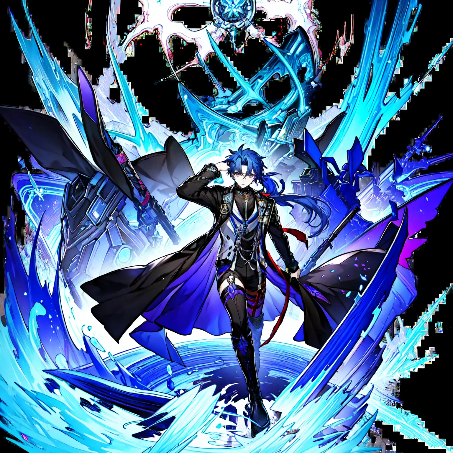 masterpiece, best quality, 1boy, solo, long hair, low ponytail, looking at viewer, bangs, hair ornament, choker, long sleeves, holding, closed mouth, jacket, full body, purple eyes, weapon, long sleeve, blue hair, gray footwear, gray boots, thighstrap, arm up, splash art, black background