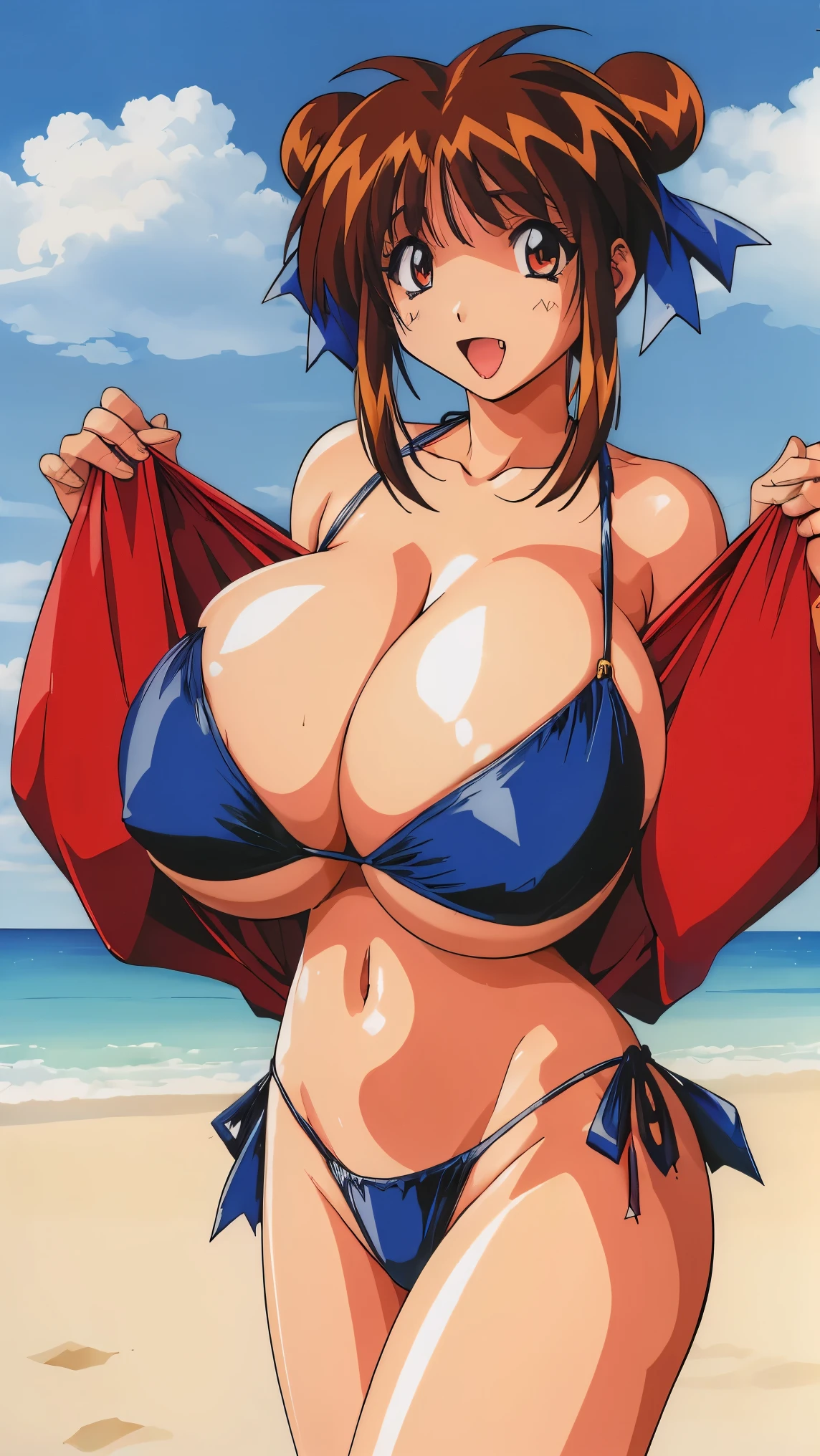 nanakn,hair ribbon,1990s (style), retro artstyle,fang,(brack bikini:1.3),(beach:1),(gigantic breasts:1.3)soft breasts,妖艶なポーズ,妖艶な表情,sexy,erotic,breasts undress