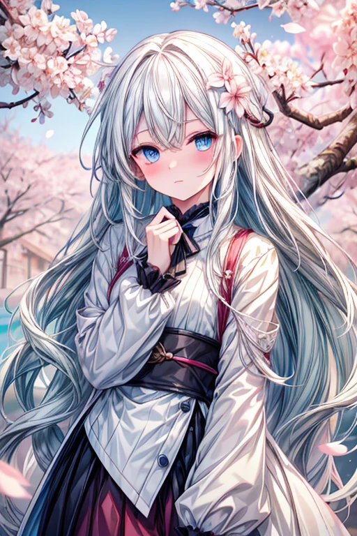 A handsoem white haired man with blue eyes and long hair is blushing underneath cherry blossoms