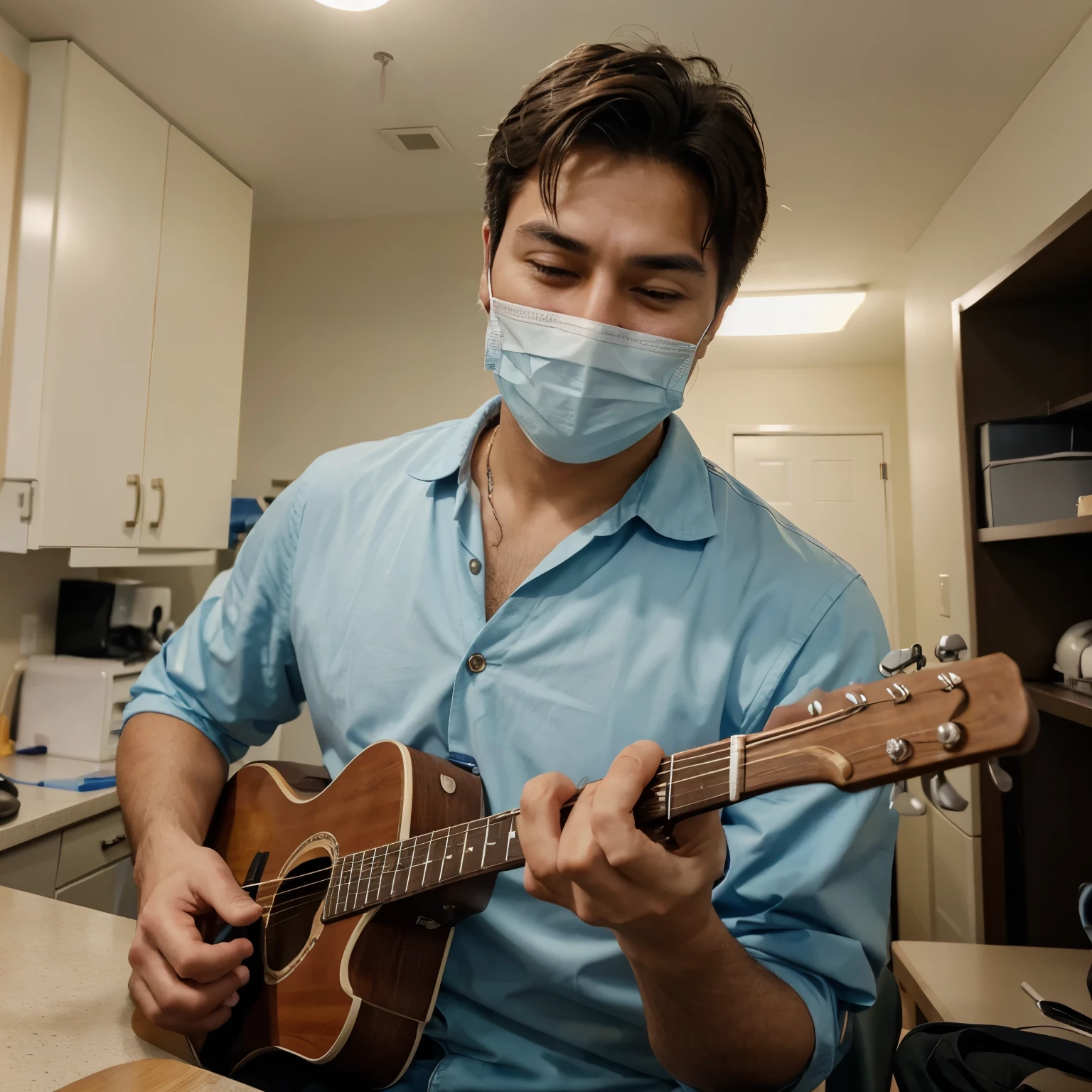 User Create an image of a handsome dentist with a dimple on one side of his face with a cell phone in his hand and a guitar in the other hand 