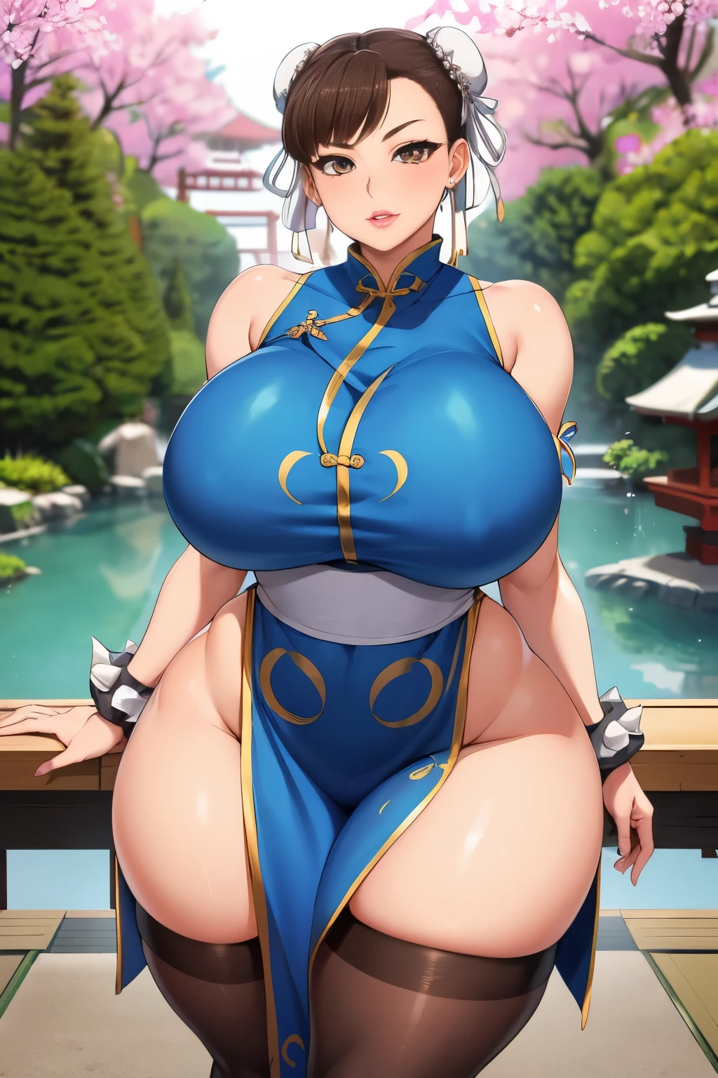 Chun-Li, 1 girl, ((bimbo))), perfect face, perfect eyes, looking at viewer, short hair, brown hair, puffy lips, thick lips, wide hips, thick thighs, craving lust face, mature mom, looking at viewer, brown eyes, outdoors, japanese garden, blue chinese dress, skintight, bare shoulders, thigh highs, perfect hands