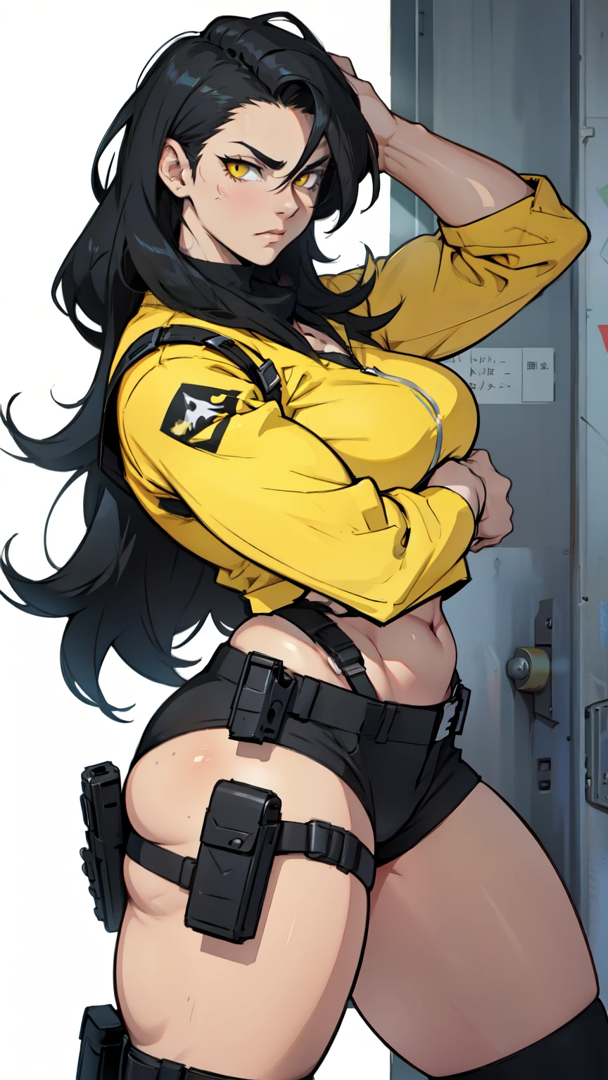 solo, 1 girl, (very long hair), black hair, angry, yellow eyes pale skin wide hips thick thighs curvy muscular toned body bodybuilder huge tits ((military uniform))
