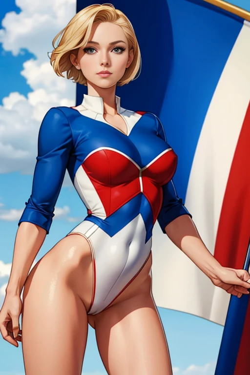 French Woman french superhero suite france clothing red white and blue clothes Flag of france short blonde hair pale skin brown eyes