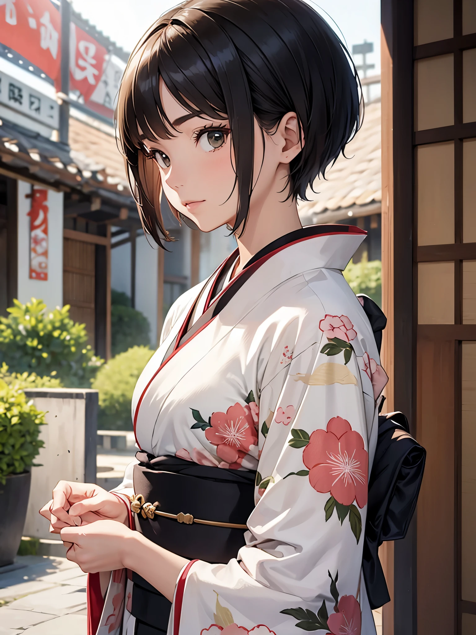 A mature girl, short hair, wearing kimono