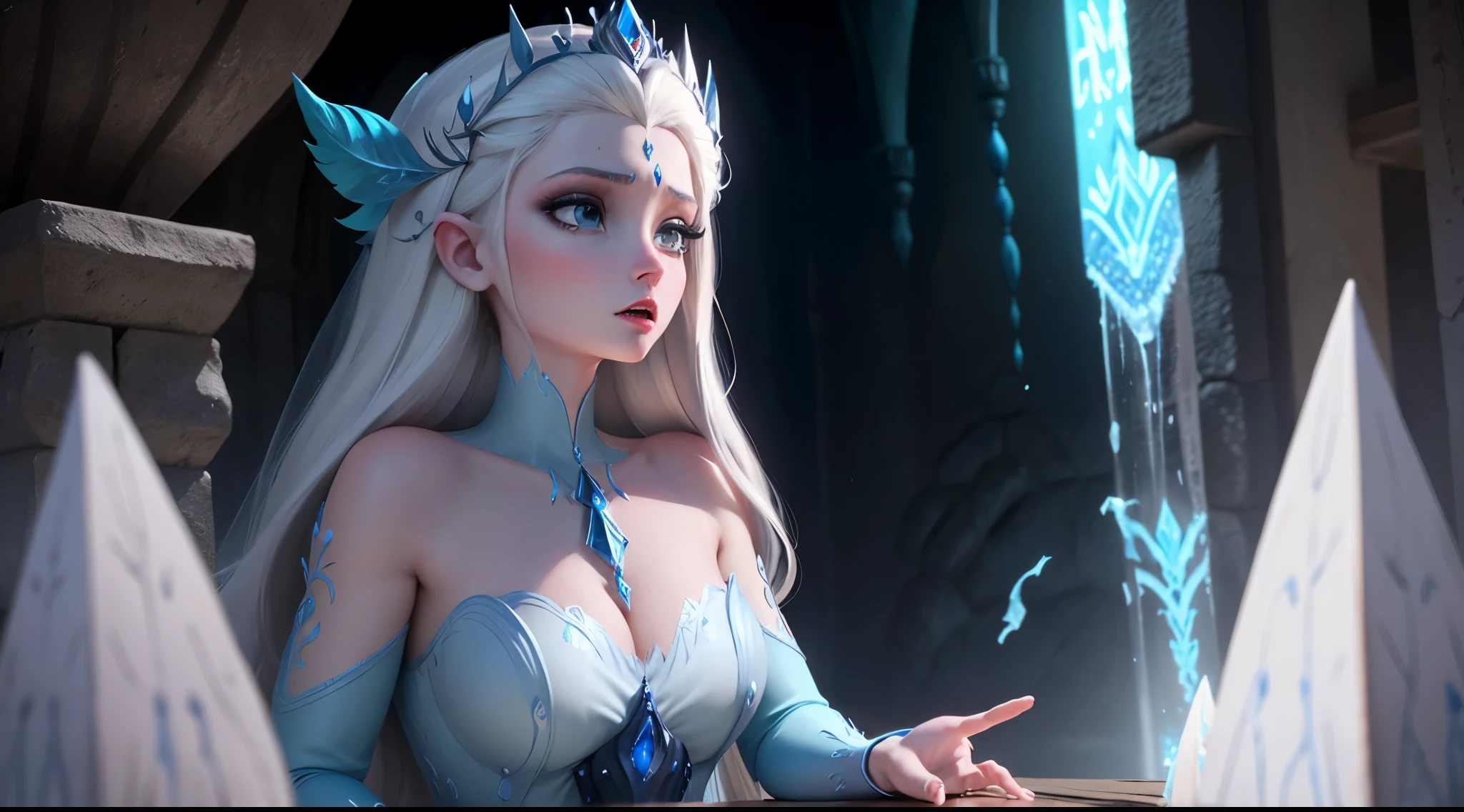 Cor de pele Azul como filme Avatar, Mulher de cabelo branco vestida com um traje com chifres e uma coroa, Rainha do gelo e da tempestade, Feiticeira do Gelo, rainha do gelo, Bruxa Frost Antiga Bonita, Ne zha de smite |, Rainha do Submundo, A Rainha do Gelo, com uma parede de gelo, mago de gelo, em uma caverna gelada, succubus | medieval esculpida como uma deusa