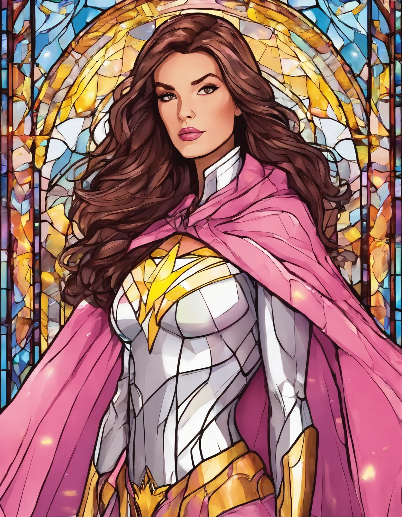 brunette woman, superhero, light pink outfit, yellow cape, lightning on clothes long hair