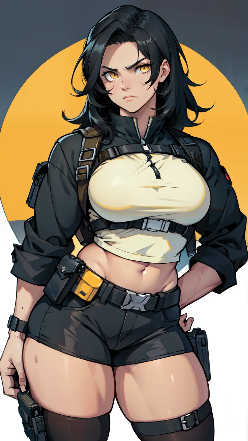 (((muscular girl toned body massive breasts))) black hair yellow eyes pale skin