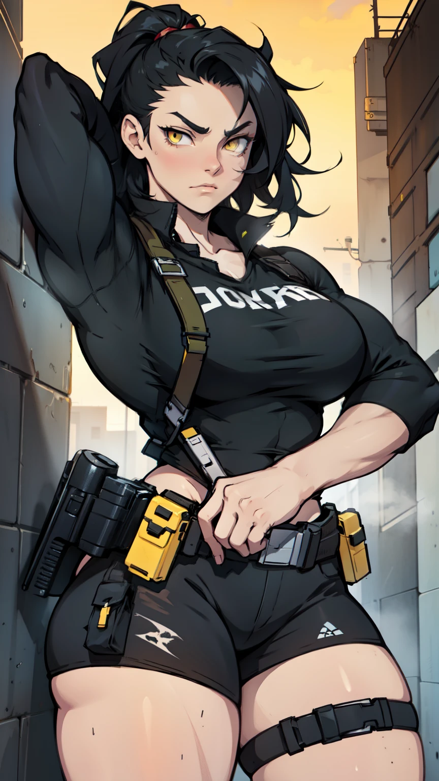 muscular girl thick black hair yellow eyes pale sad holster thick (holding a pistol)