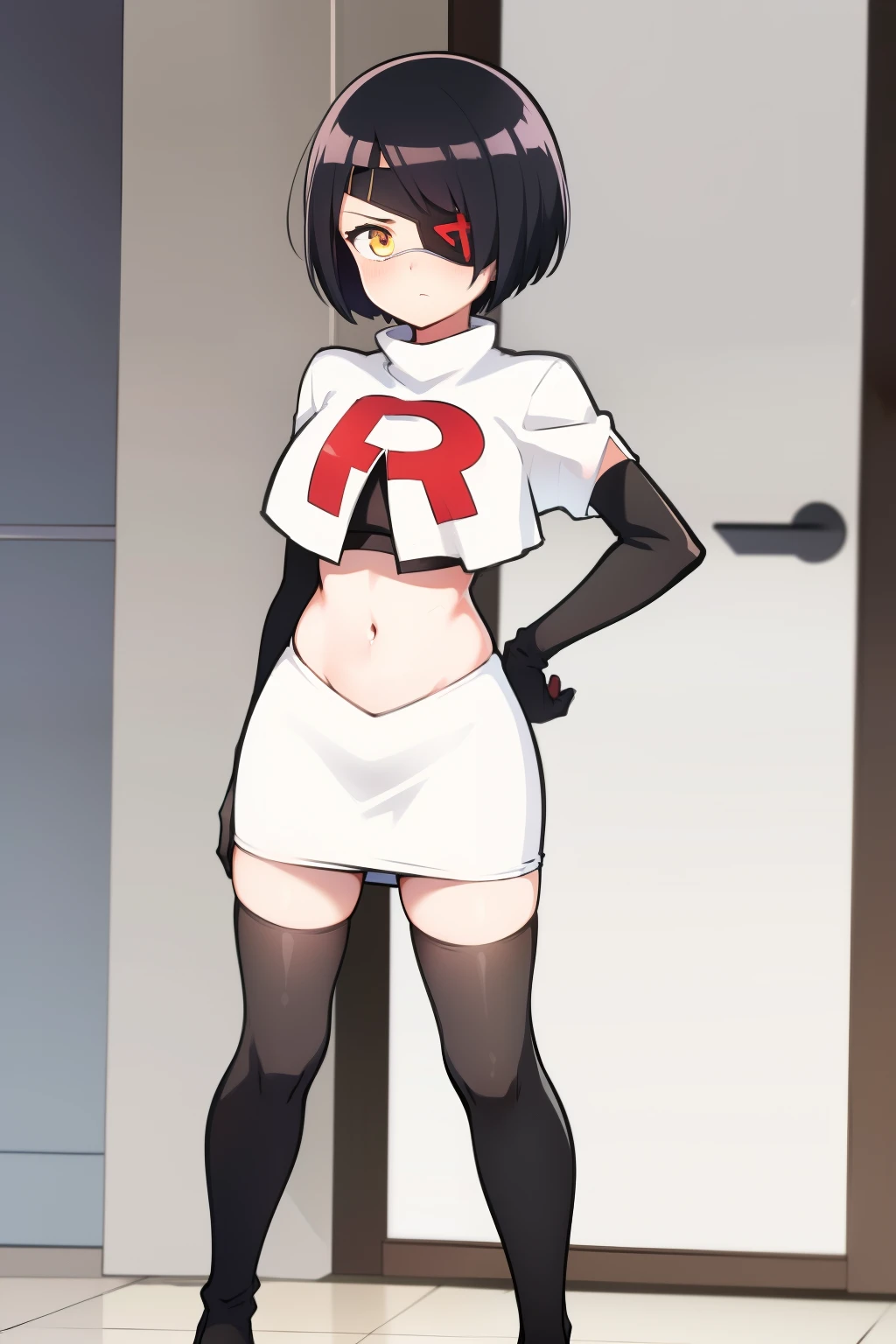 one girl, anime style, black hair, short hair, white eye patch, eye patch, medical eye patch, golden eye colour, shy, high detail, sharp image, face, team rocket,team rocket uniform,white skirt,crop top,black thigh-highs,black elbow gloves