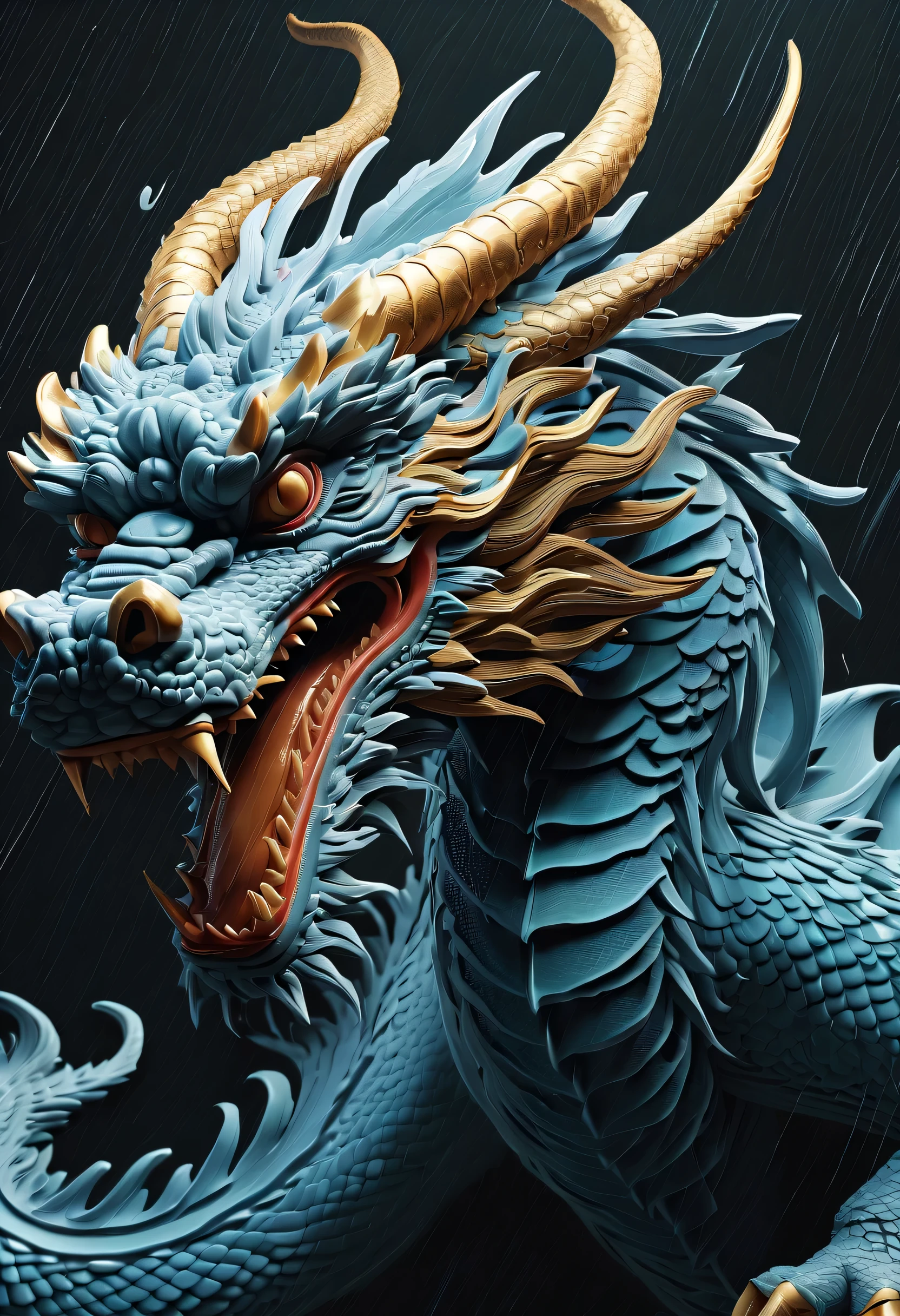 ((Radiosity rendered in stunning 32K resolution: 1.3)))、Everything is captured in sharp focus、 最high quality、high quality、Chinese dragon illustration、One Dragon、head、Torso long short legs、long tail、heavy rain、Amazing gorgeous gouache illustration、Realism of intricate details、countless terrifying powers、Unparalleled sharpness and clarity、