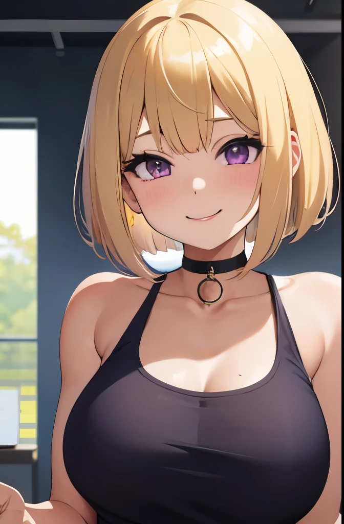 1 girl,blonde hair,bob,bangs,purple eyes,nail,全naked,naked,big breasts,big breasts,nipple,Erotic,nsfw,Tank top,smile,Happy,heavy breathing,Put your hands on your face,choker,whole body