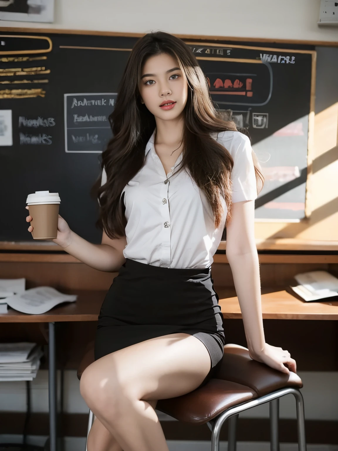 beautiful girl. sitting alone in the classroom, Sexy outfit, long wavy hair. brown eyes. sexy body. Thin waist. curved hips,Holding a coffee cup in front of you