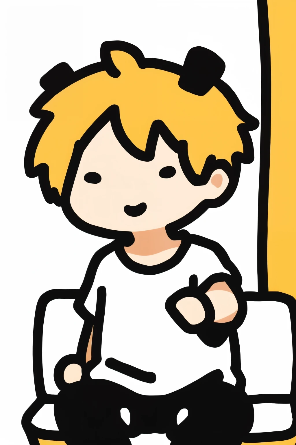 A  man is sitting and shopping in the room，This little man symbolizes the customer image，simple hairstyle，White top，black pants