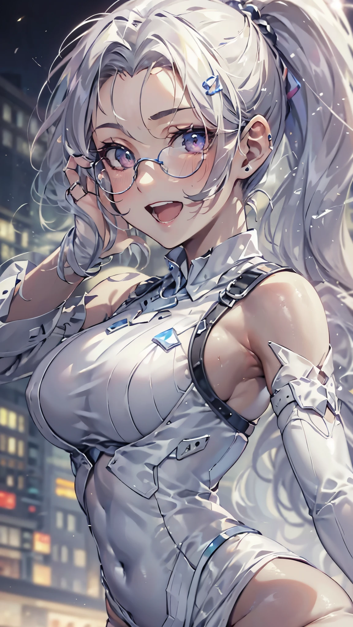 woman,14 years old,,city,night,(((white tight miniskirt bodysuit))),,open mouth smile((See-through))glasses,((beautiful long ponytail)),((Baby girl body shape))