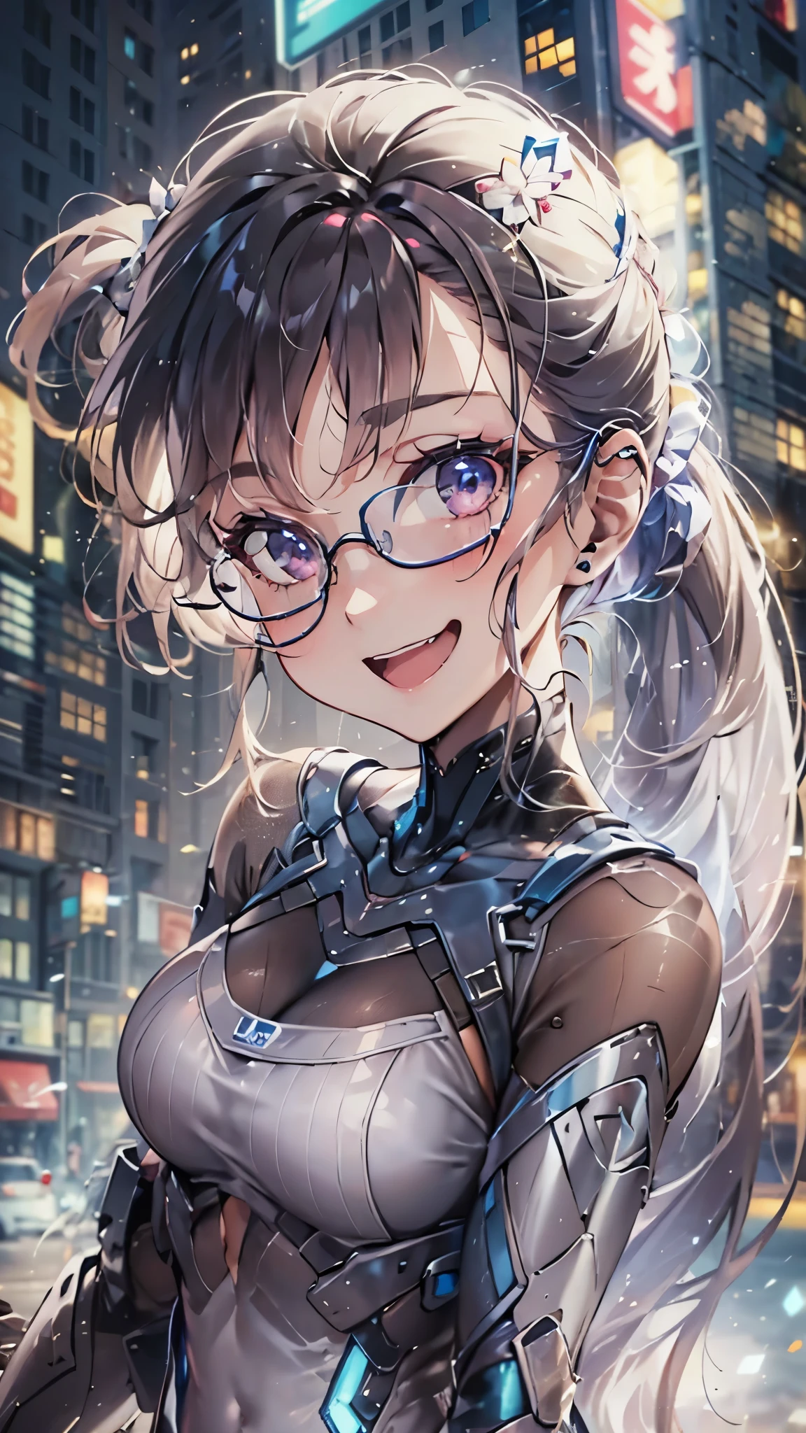 woman,,,city,night,(((white tight miniskirt bodysuit))),,open mouth smile((See-through))glasses,((beautiful long ponytail)),((Baby girl bohape))