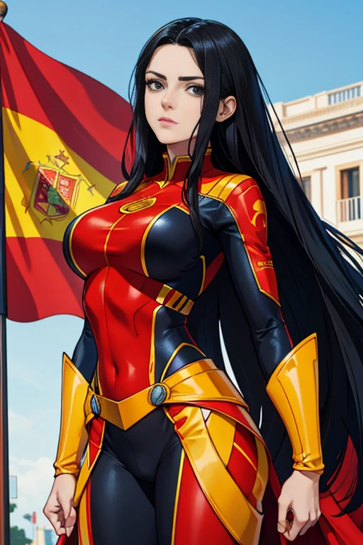 Spain Woman spain superhero suit spain clothing red and yellow clothes Flag of spain long straight black hair pale skin black eyes