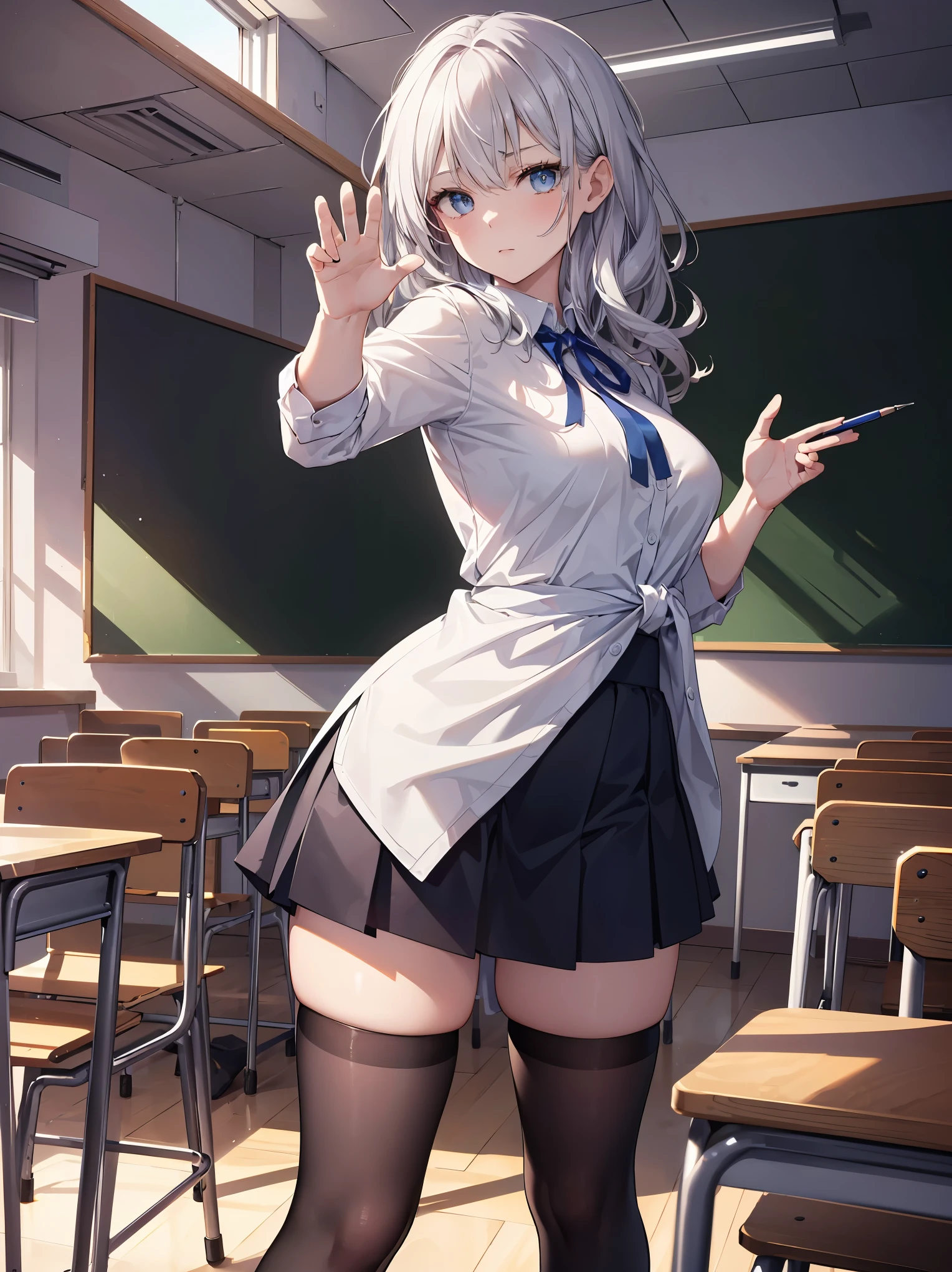 (Superlative work of the creator god: 1.4), (Absolute resolution: 1.4), (God of art's masterpiece: 1.4), Surrealist work, (Complex, detailed and realistic materials, textures, light sources: 1.3), (Perfect Anatomy: 1.2), Illustrate a character standing in a sunlit classroom, holding a pen with a contemplative expression. The character is a young woman with a pale complexion and long, wavy silver hair with hints of blue, accented by a blue and red ribbon. She has large, expressive blue eyes and a slightly furrowed brow, conveying a pensive mood. She is wearing a semi-transparent white blouse with a fitted black skirt and a blue ribbon tied neatly at the collar. Her attire is completed with black thigh-high stockings that have a subtle shine, suggesting a silky texture. The classroom is bright and airy, with sunlight streaming through the windows and casting soft shadows. The blackboard in the background has faint traces of writing, adding to the academic setting. The illustration should have a vibrant, yet serene atmosphere, and the aspect ratio should be portrait. The best lighting by artists: 1.2), 8K, ((Famous masters' teaching of captivating poses: 1.6)),