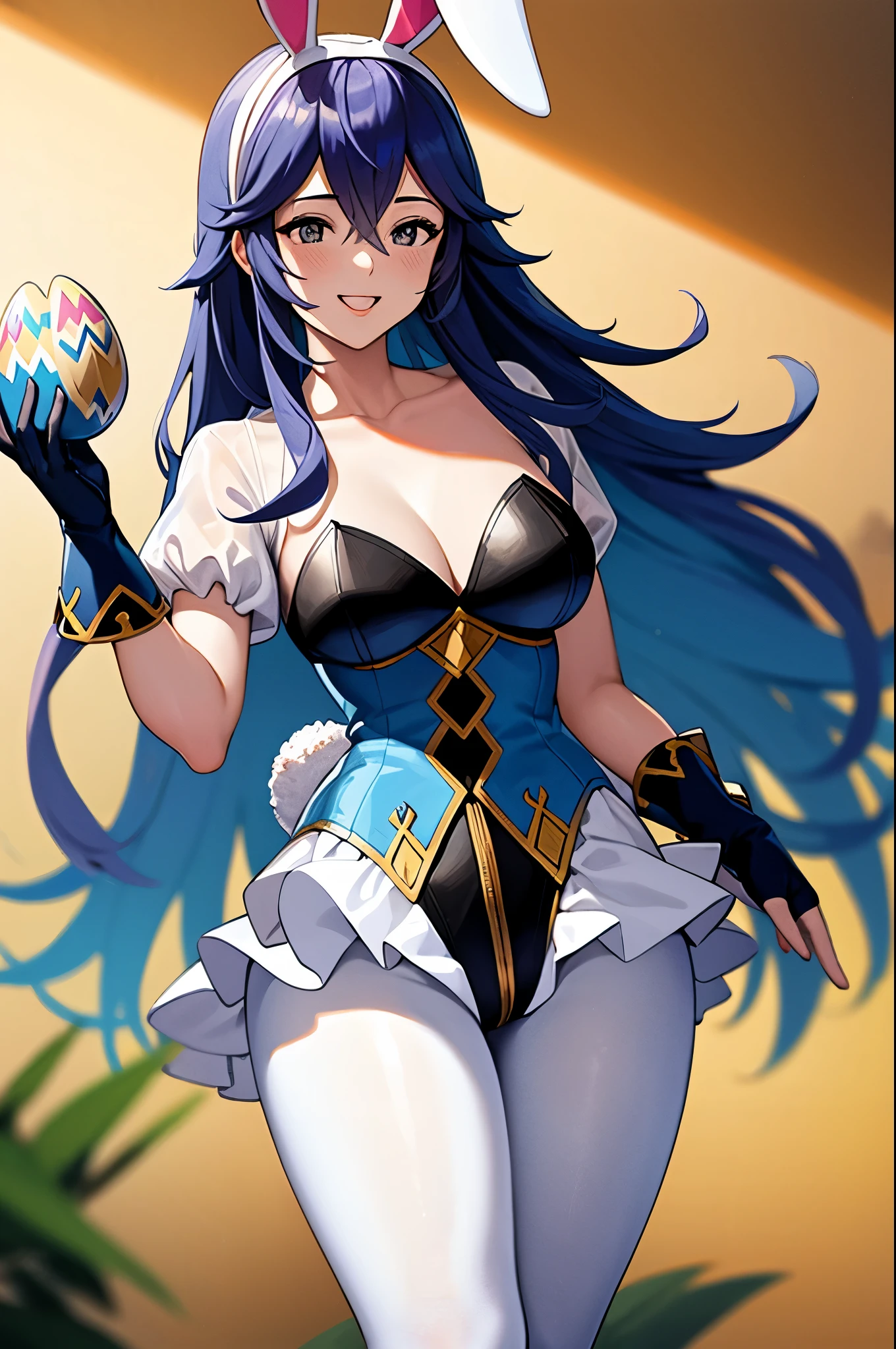 masterpiece, best quality, sprLucy, fake rabbit ears, collarbone, leotard, puffy sleeves, gloves, frills, big happy smile, white leggings, holding a giant Easter egg