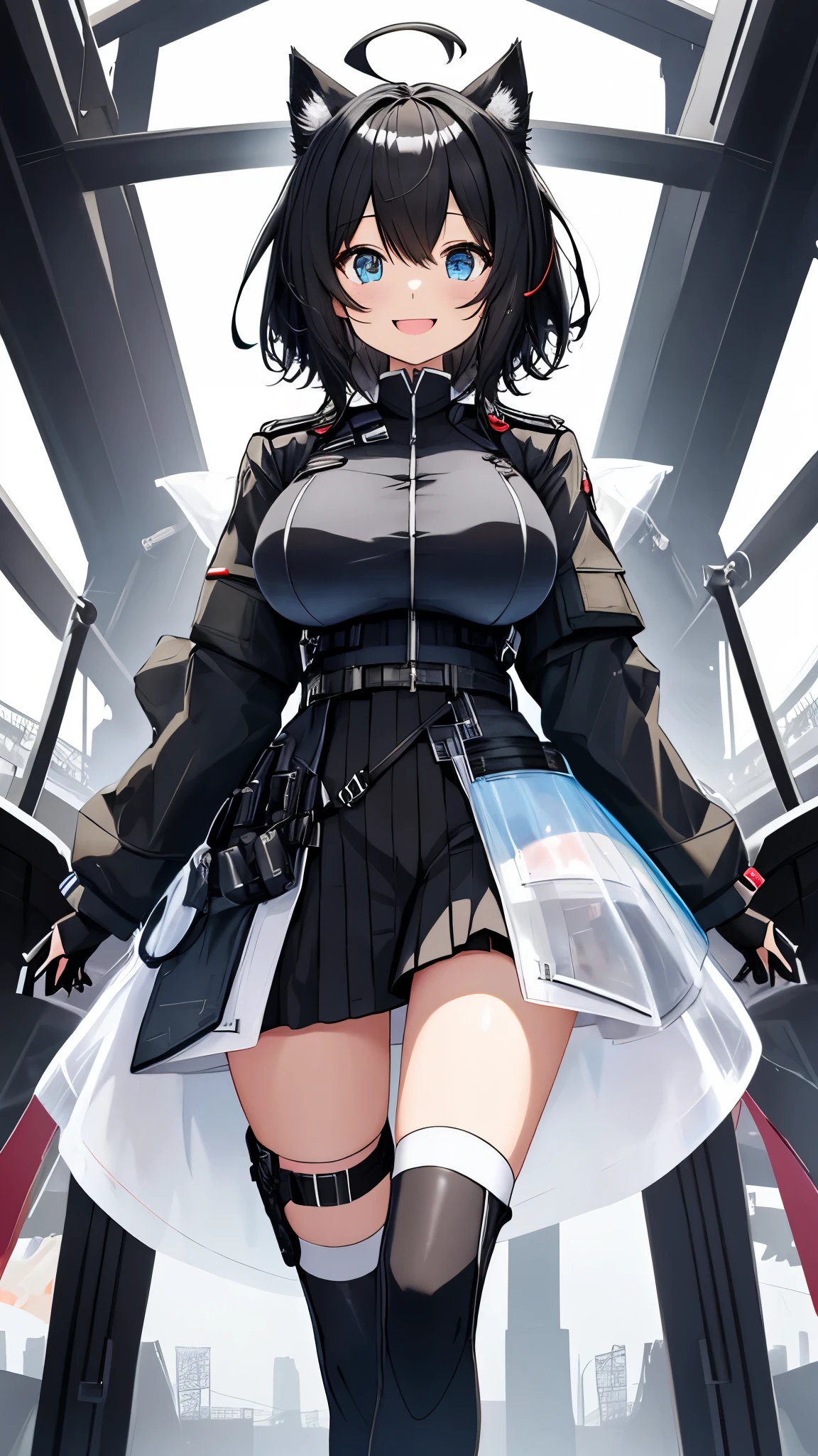 on lap,((((upright)))), ((((stand up)))), looking at the viewer, simple background、white background, 1 girl, open your mouth, smile, Virtual YouTuber、with a girl、((highest quality, expensive_solve, clear_image)),(black hair), (black cat ears), (Ahoge), (ridiculously short hair), (wavy hair), (blue eyes),、laughter、very big breasts、((concept art))、((front))、dressed in black military uniform。character sheet