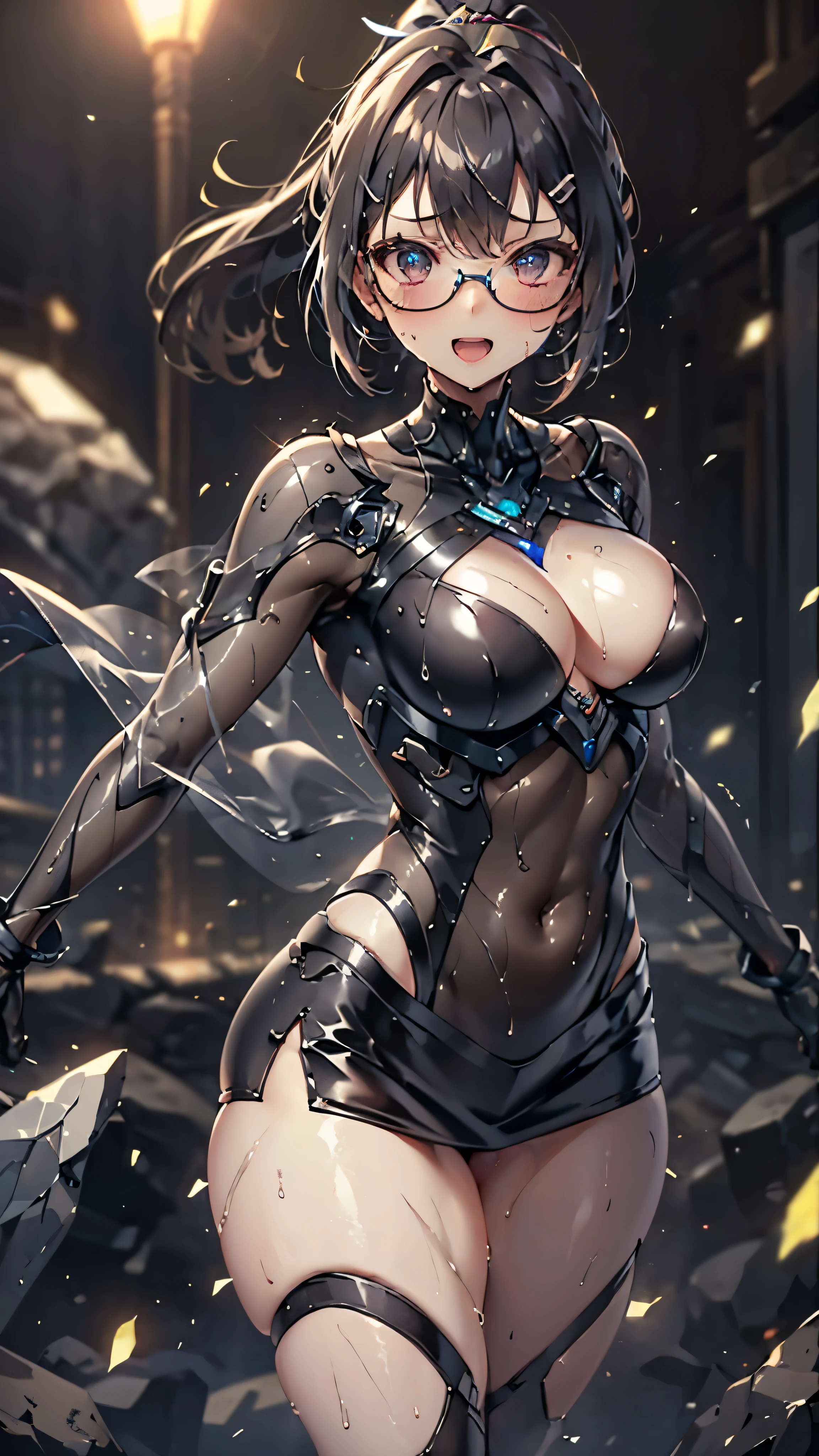 woman,,,city,night,(((white tight miniskirt bodysuit))),(wet with sweat),open mouth smile((See-through))Glasses,((Beautiful long ponytail)),((baby girl bo)