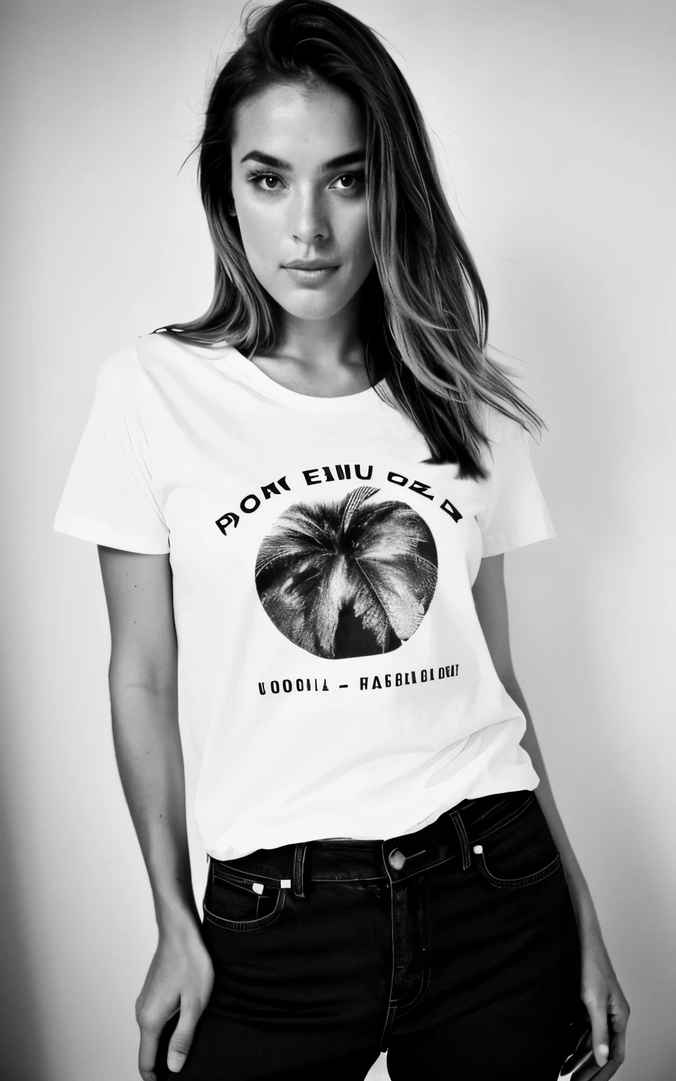 fotografia, photo of beautiful woman taken t-shirt, jeans and sneakers in black and white