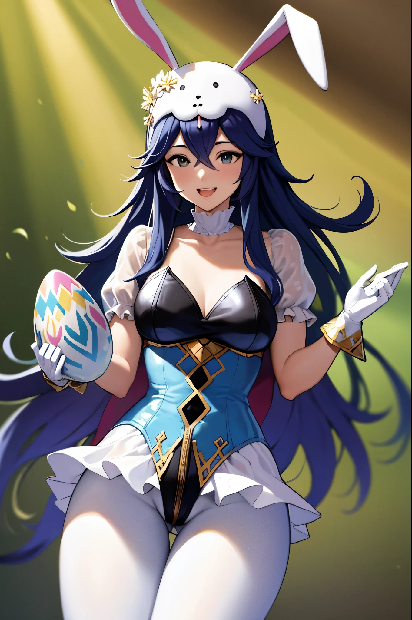 masterpiece, best quality, sprLucy, fake rabbit ears, collarbone, leotard, puffy sleeves, gloves, frills, big happy smile, white leggings, holding a giant Easter egg 