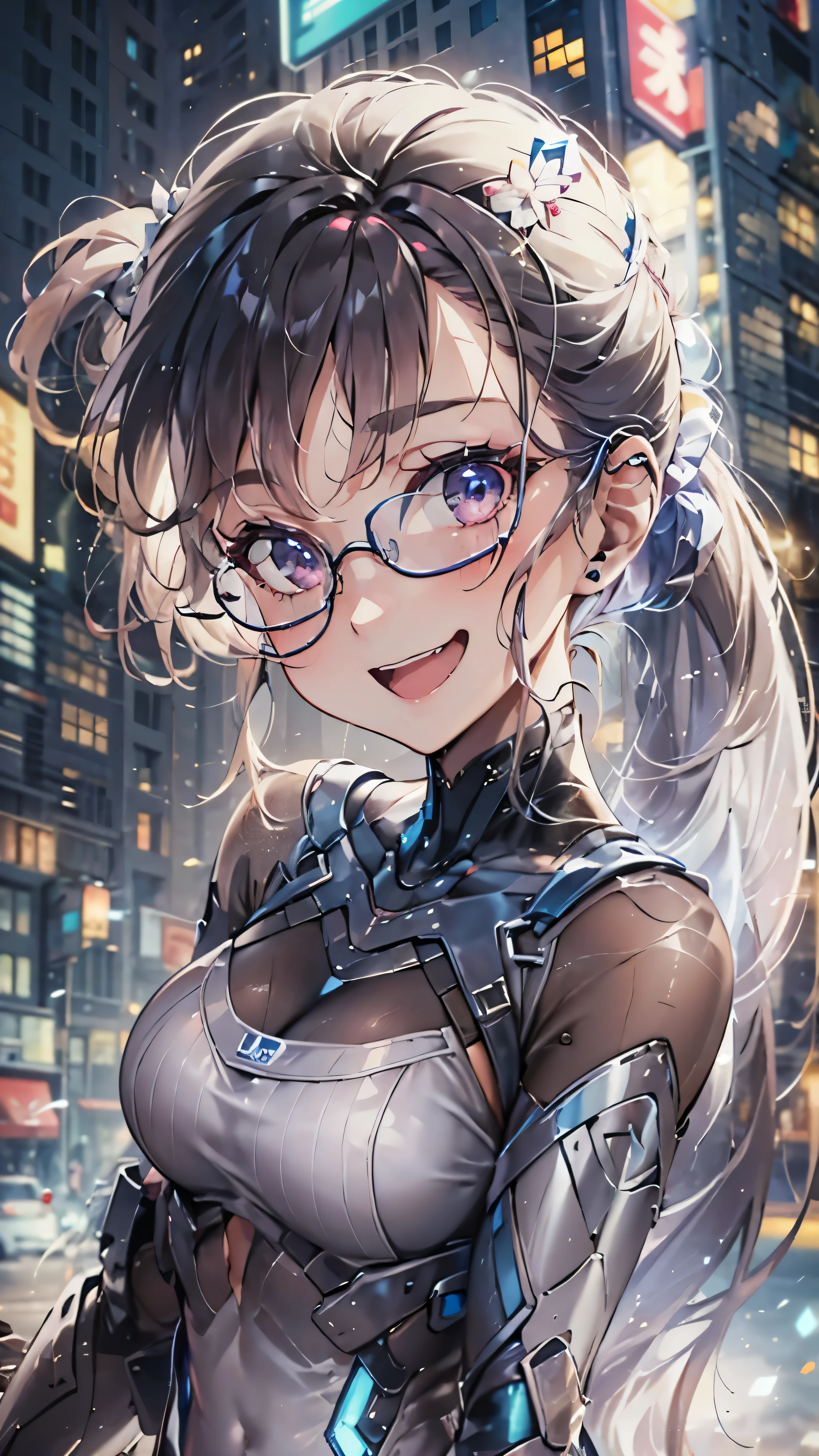 woman,,,city,night,(((white tight miniskirt bodysuit))),,open mouth smile((See-through))Glasses,((Beautiful long ponytail)),((baby girl bohape))