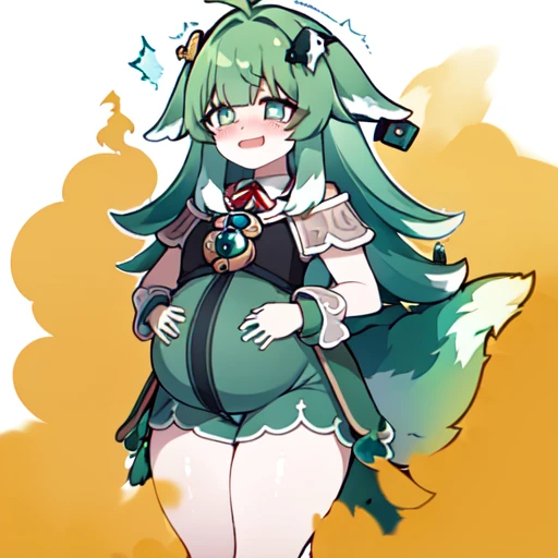 Highest image quality、(master piece:1.2)、detailed、Huo Huo、1 girl、solo、green hair、fart、Are standing、green eyes、brown shorts、Shy personality、scared、pale tail、Gas comes out of the butt、lots of gas、blush、shyness、swollen belly、Satisfied smile、put pressure on your face