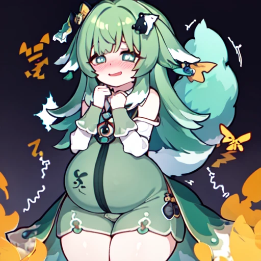 Highest image quality、(master piece:1.2)、detailed、Huo Huo、1 girl、solo、green hair、fart、Are standing、green eyes、brown shorts、Shy personality、scared、pale tail、Gas comes out of the butt、lots of gas、blush、shyness、swollen belly、Satisfied smile、put pressure on your face