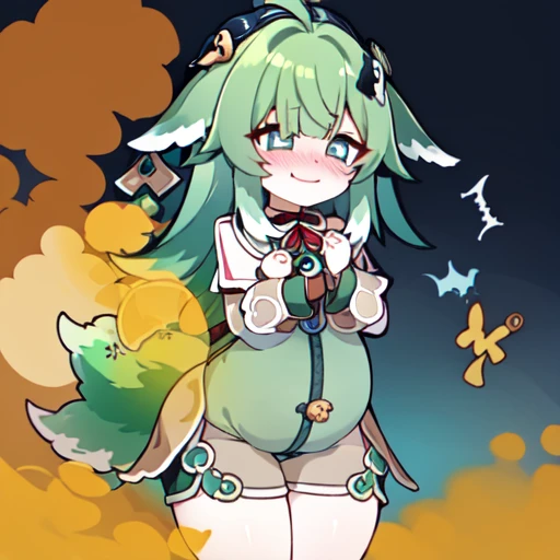 Highest image quality、(master piece:1.2)、detailed、Huo Huo、1 girl、solo、green hair、fart、Are standing、green eyes、brown shorts、Shy personality、scared、pale tail、Gas comes out of the butt、lots of gas、blush、shyness、swollen belly、Satisfied smile、put pressure on your face