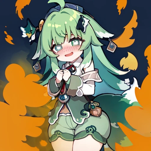 Highest image quality、(master piece:1.2)、detailed、Huo Huo、1 girl、solo、green hair、fart、Are standing、green eyes、brown shorts、Shy personality、scared、pale tail、Gas comes out of the butt、lots of gas、blush、shyness、swollen belly、Satisfied smile、put pressure on your face