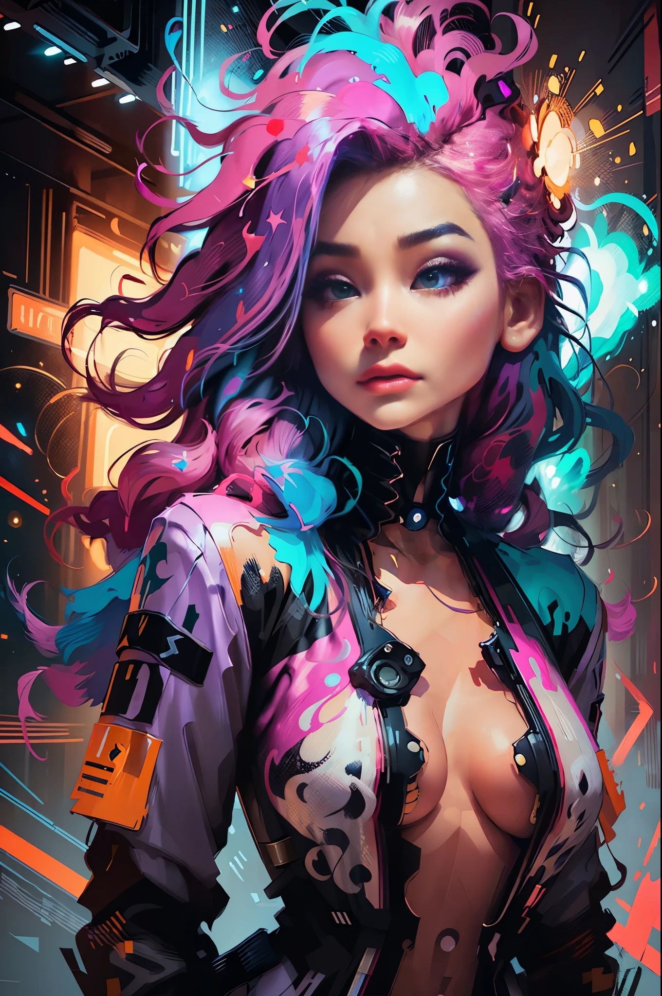 A stunning woman with vibrant neon hair, glowing in the midst of galaxy formations, painted by david diaz and sakimichan, detailed and realistic textures, vibrant colors, surreal and mysterious, hyperrealistic, modern art, digital painting, trending in Artstation, cinematic lighting, and dynamic composition.