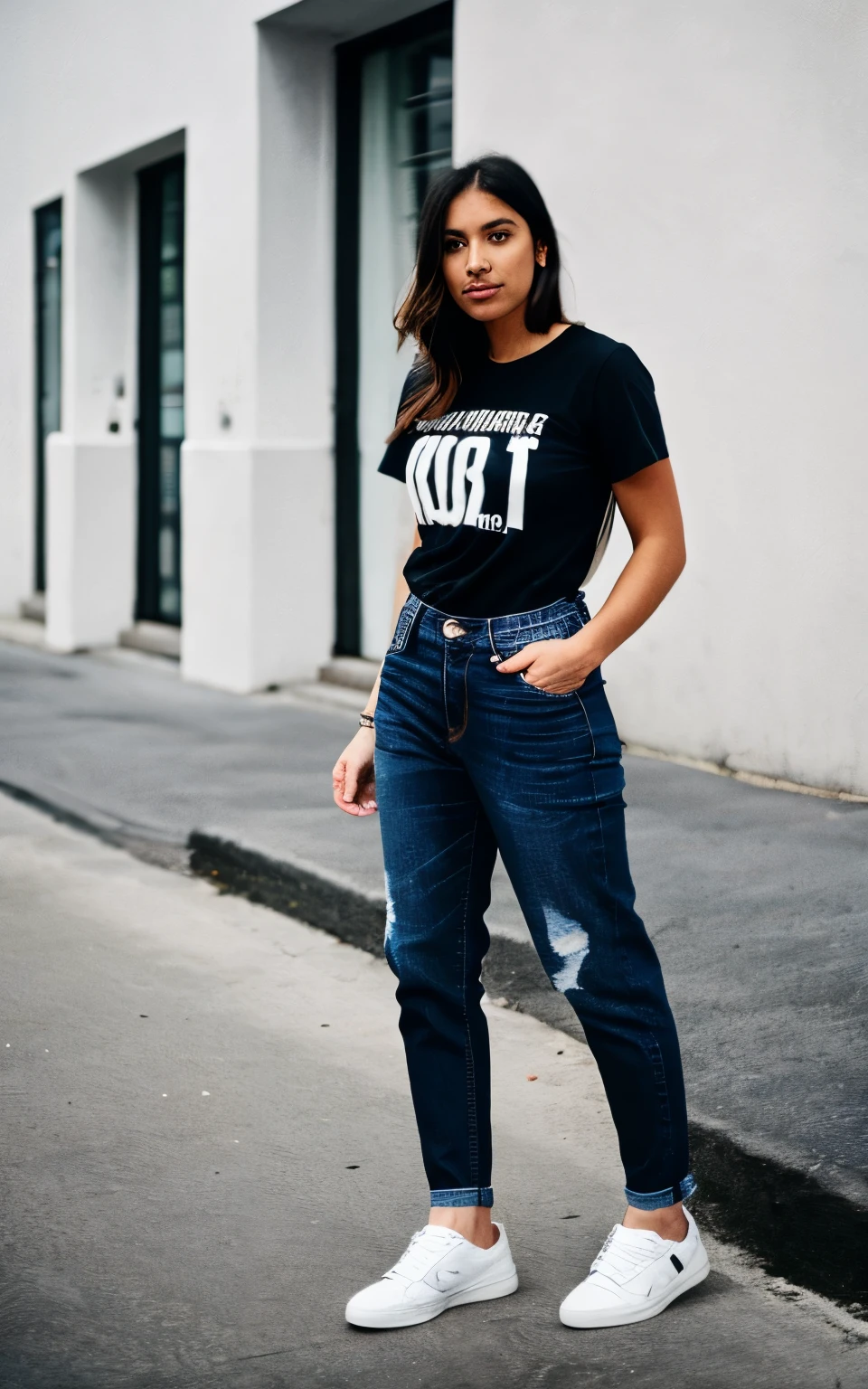 fotografia, photo of beautiful woman in black and white t-shirt, jeans and sneakers